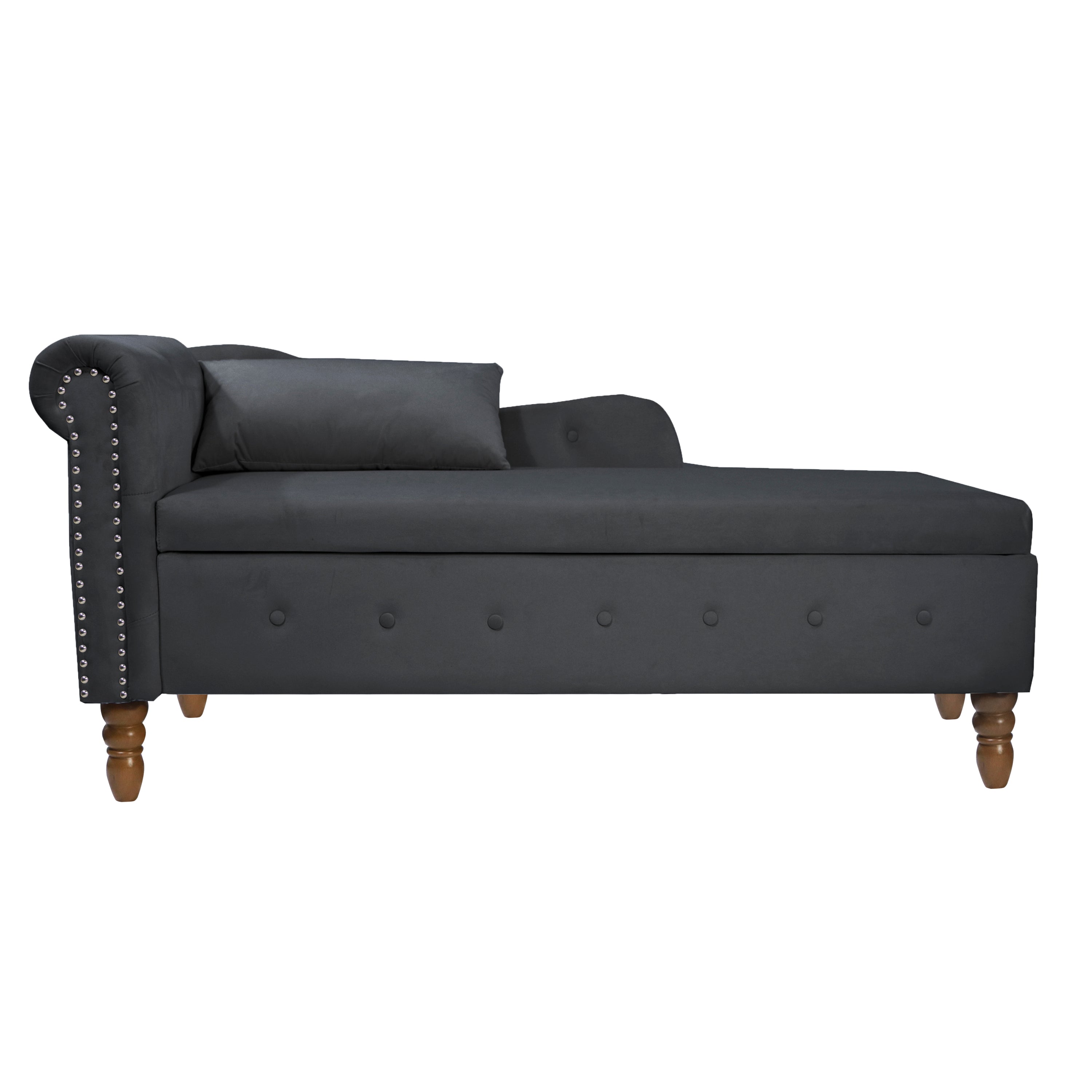 Black Chaise Lounge Indoor, Velvet Lounge Chair for Bedroom with Storage & Pillow, Modern Upholstered Rolled Arm Chase Lounge for Sleeping with Nailhead Trim for Living Room Bedroom Office - Grand Goldman Shop