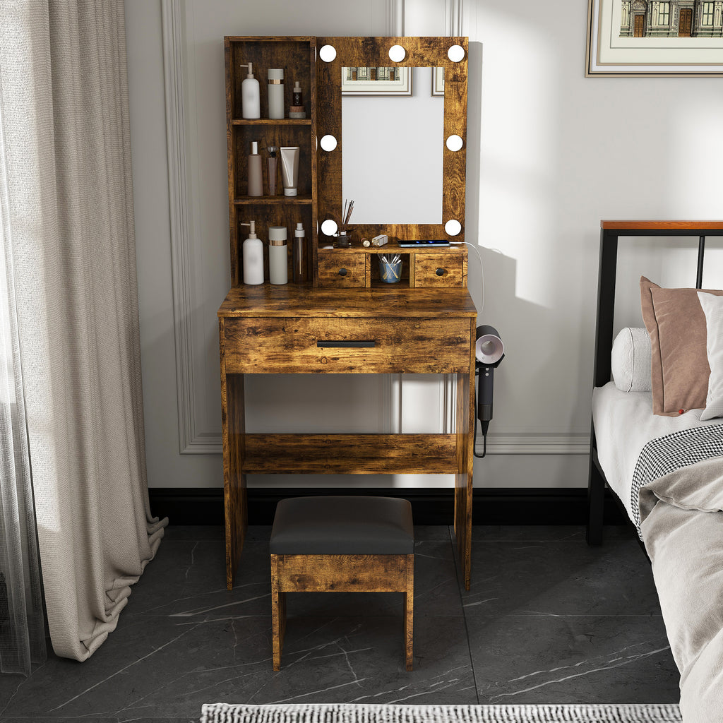 Vintage Vanity Table with Mirror, Adjustable LED Lights, Power Outlet, Hairdryer Holder & Stool – Compact Dressing Desk for Small Bedrooms - Grand Goldman Shop