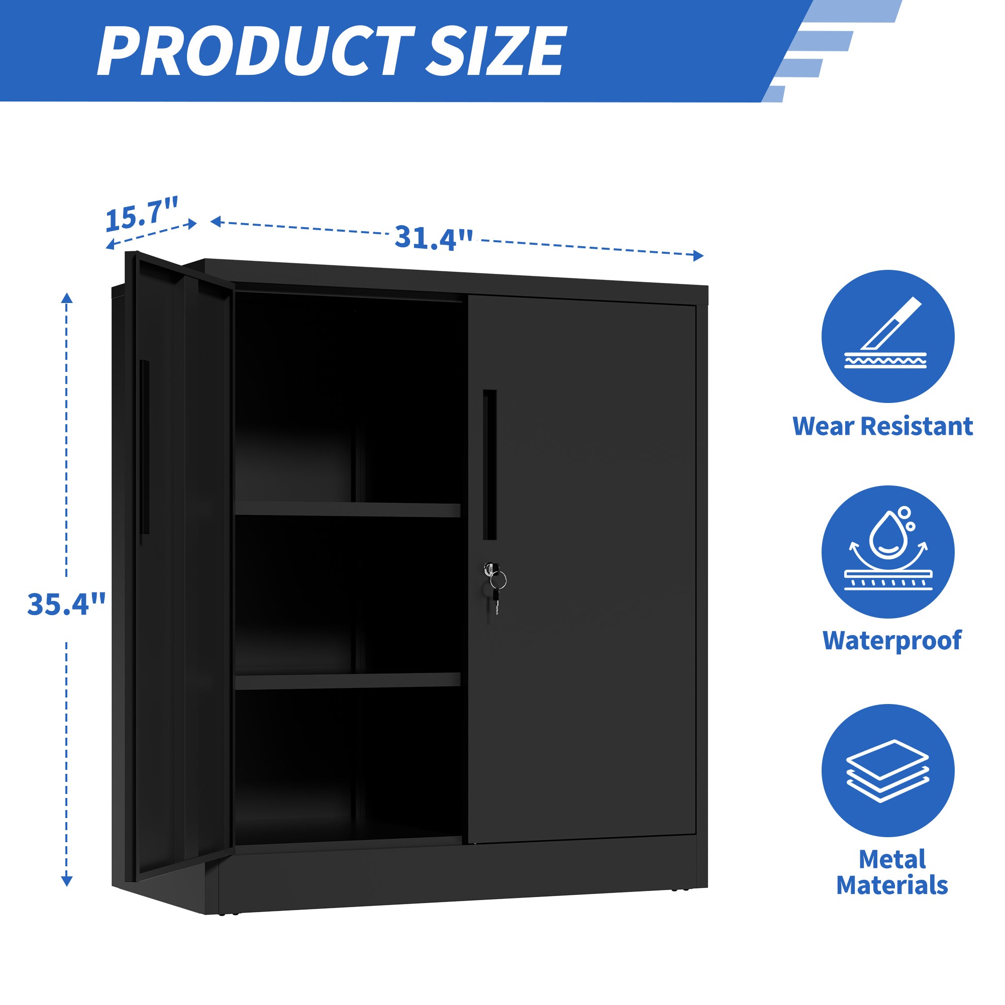 Black Heavy Duty Metal Storage Cabinet with Lock, 2-Door File Cabinet with 2 Adjustable Shelves for Home, Office, Garage (35.