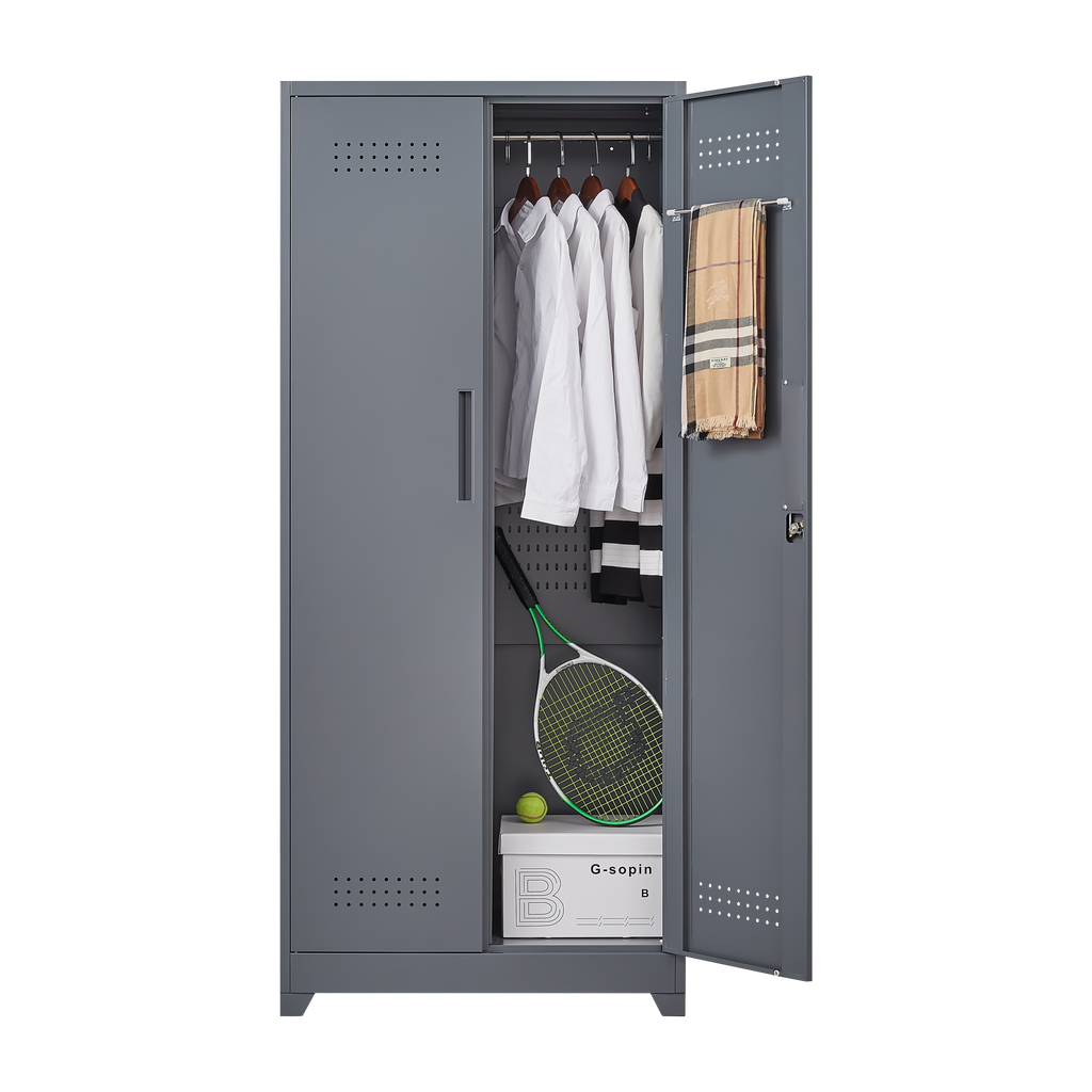 Gray And White Color Metal Lockers, Cleaning Tool Cabinets With Locking Doors, High Broom Tool Storage Cabinets, Adjustable S