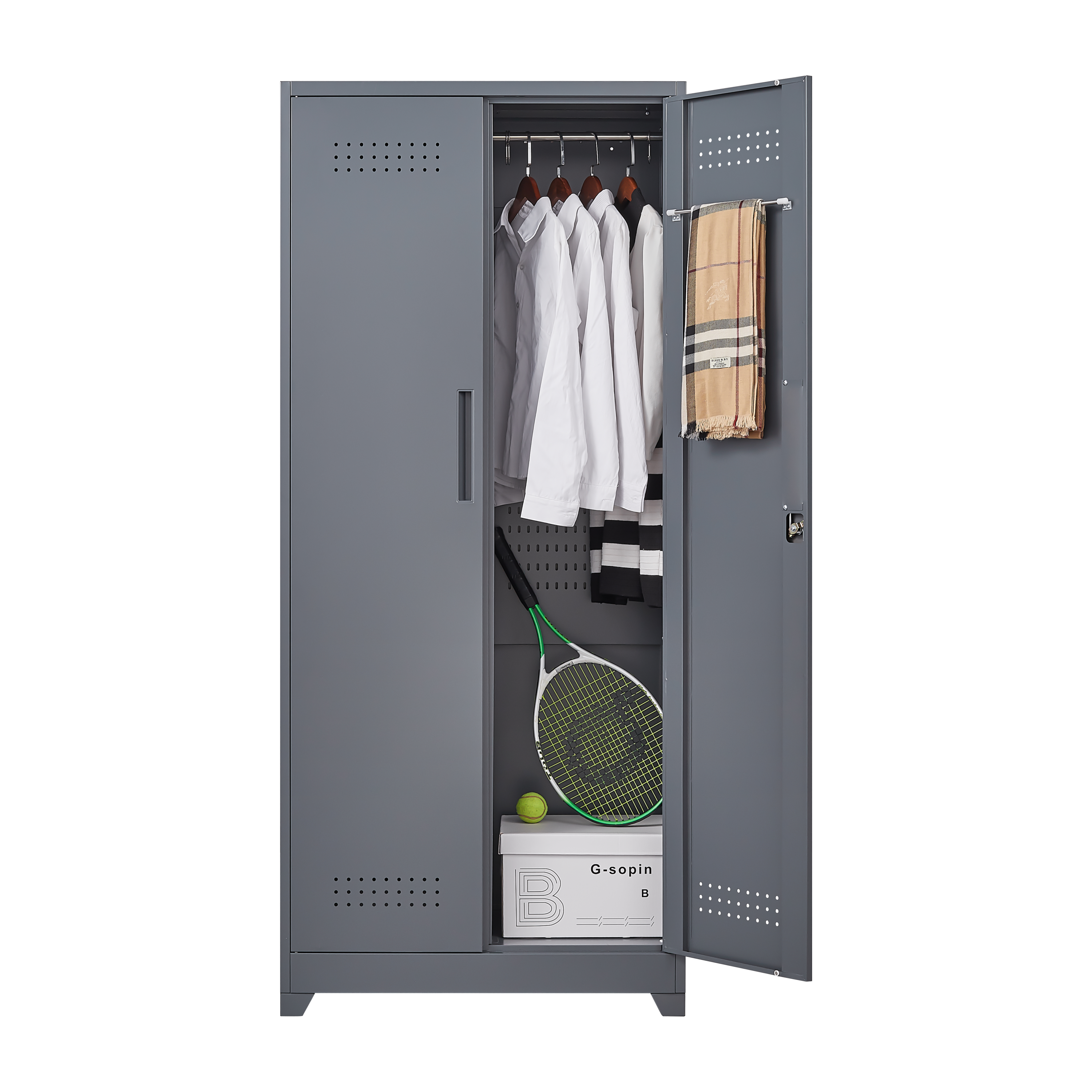 Gray And White Color Metal Lockers, Cleaning Tool Cabinets With Locking Doors, High Broom Tool Storage Cabinets, Adjustable S