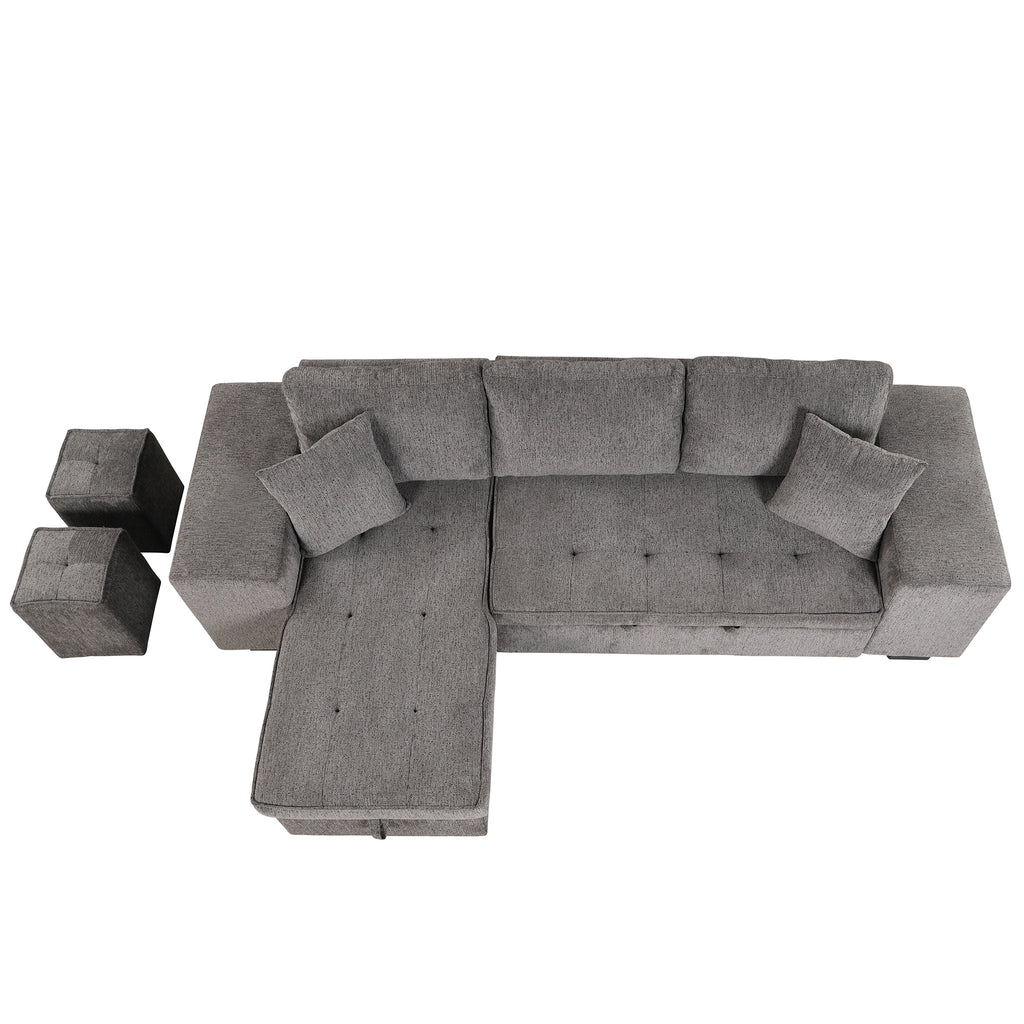 104.5' Modern L-Shape 3 Seat Reversible Sectional Couch, Pull Out Sleeper Sofa with Storage Chaise and 2 Stools for Living Room Furniture Set,Knox Charcoal (old sku:SG000431AAA) - Grand Goldman Shop