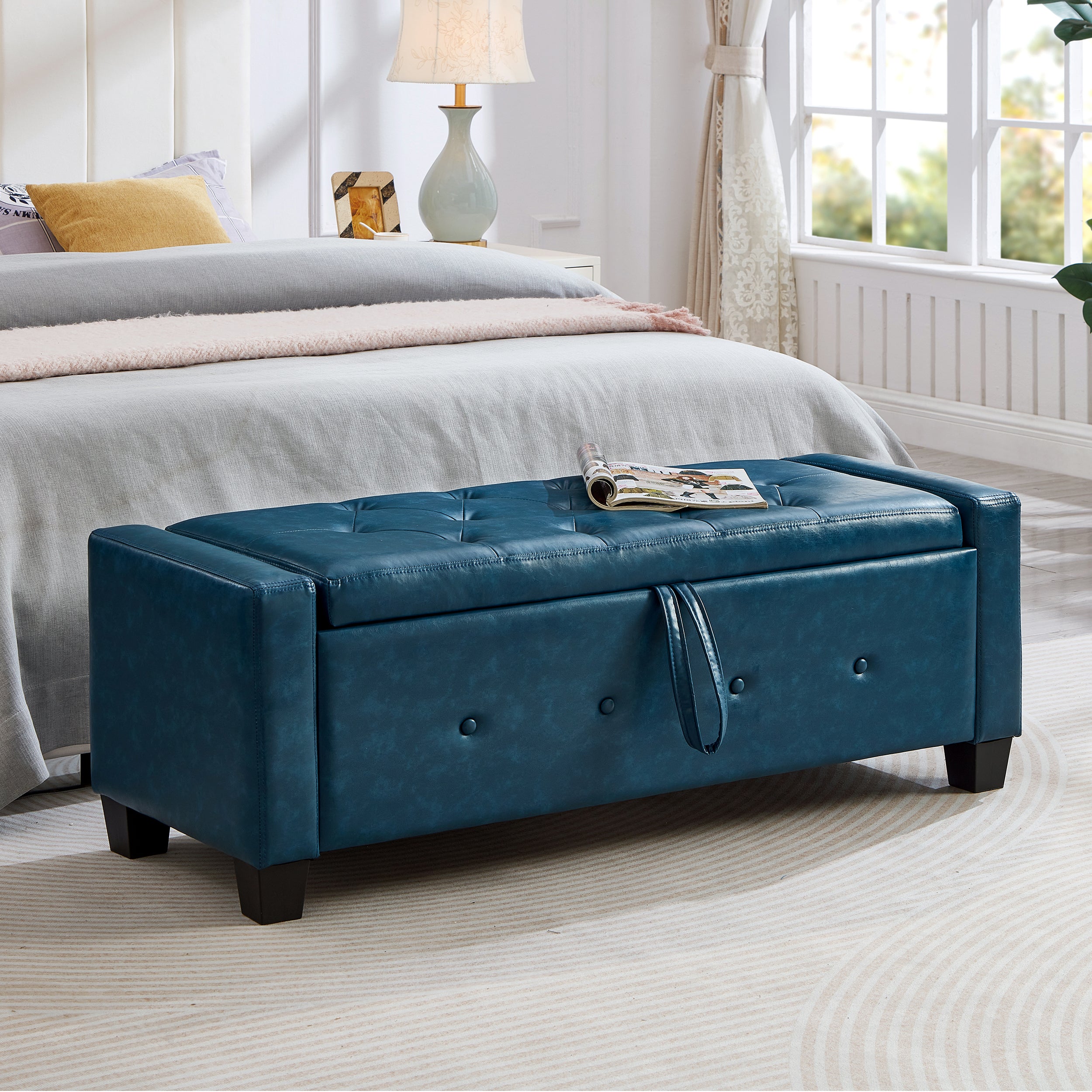 48' Ottoman Bench with Storage, Bench for Bedroom,Living Room,Hallway, Upholstered Tufted Faux Leather PU Ottoman Blue - Grand Goldman Shop