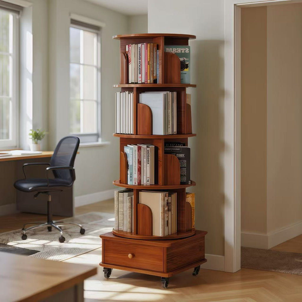 Rotating Bookshelf with Drawer, 360 Display 5 Tier Corner Bookshelf for Small Space, Floor Standing Bookcase Storage Rack, Wood Narrow Organizer for Bedroom, Living Room (WALNUT) - Grand Goldman Shop