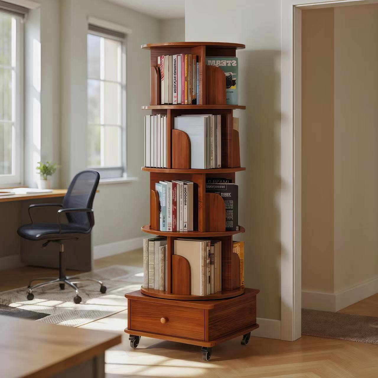 Rotating Bookshelf with Drawer, 360 Display 5 Tier Corner Bookshelf for Small Space, Floor Standing Bookcase Storage Rack, Wood Narrow Organizer for Bedroom, Living Room (WALNUT) - Grand Goldman Shop