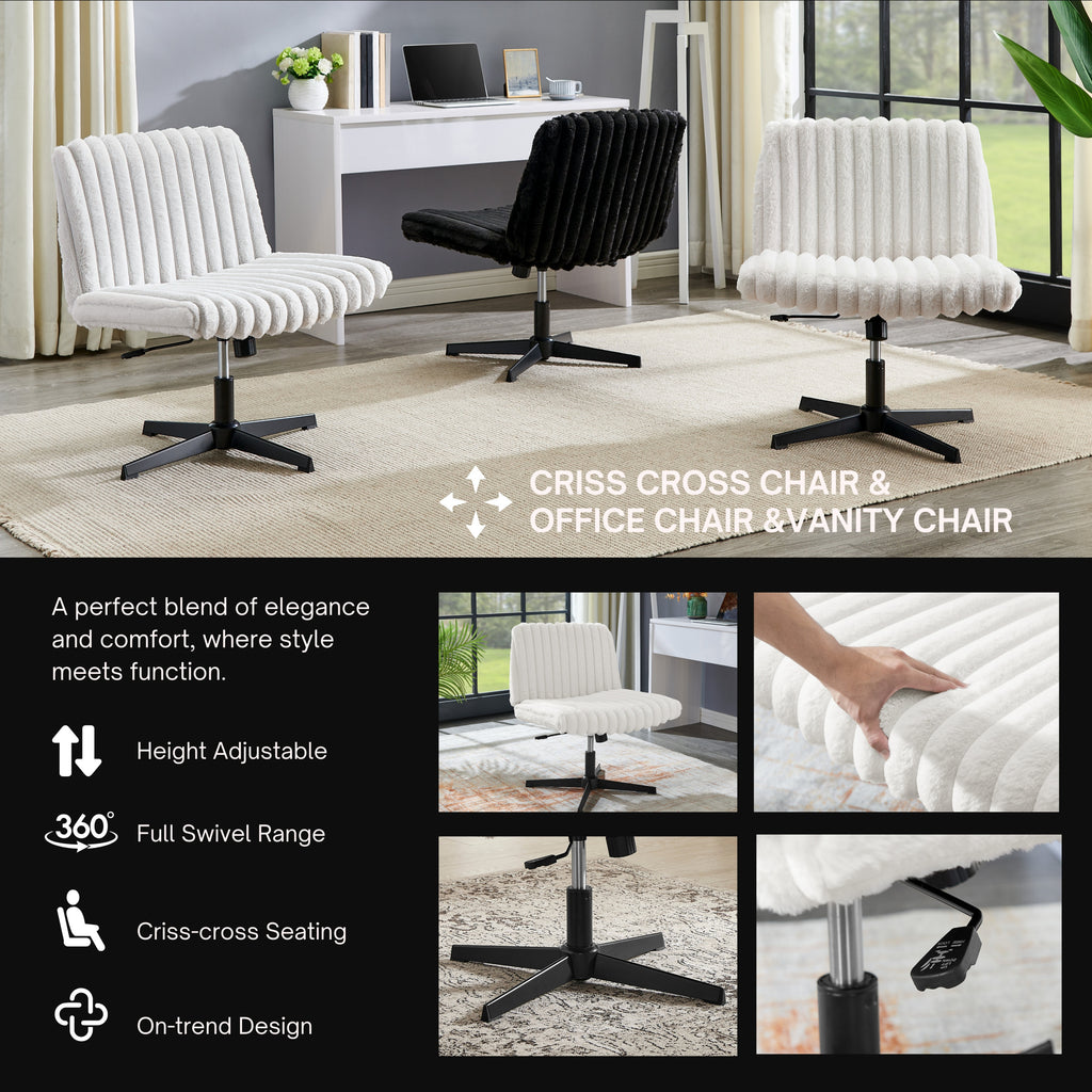 Blynn Adjustable Swivel Criss Cross Chair, Wide Seat Office Chair Vanity Chair, Cream White - Grand Goldman