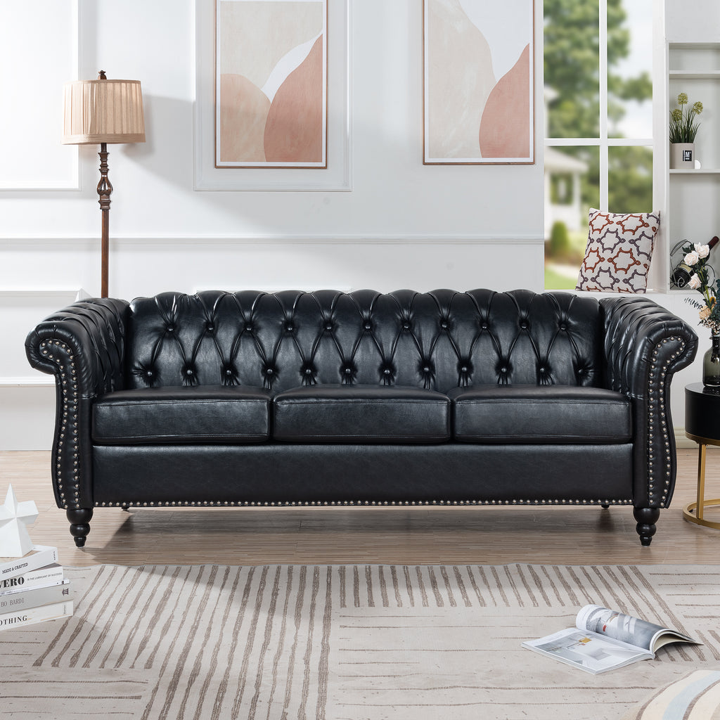 84.65' BLACK PU Rolled Arm Chesterfield Three Seater Sofa. - Grand Goldman Shop