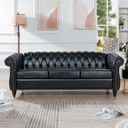 84.65' BLACK PU Rolled Arm Chesterfield Three Seater Sofa. - Grand Goldman Shop