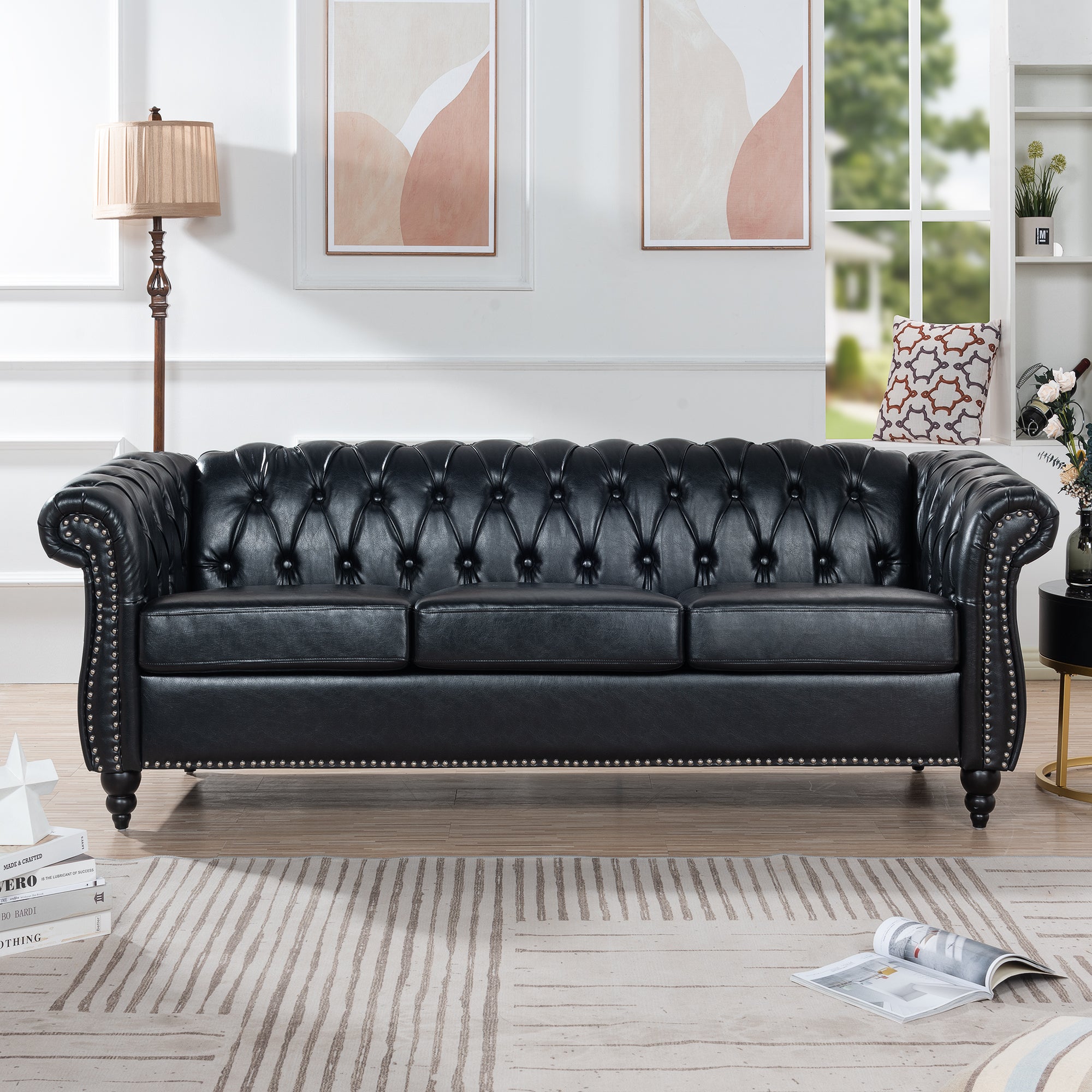 84.65' BLACK PU Rolled Arm Chesterfield Three Seater Sofa. - Grand Goldman Shop