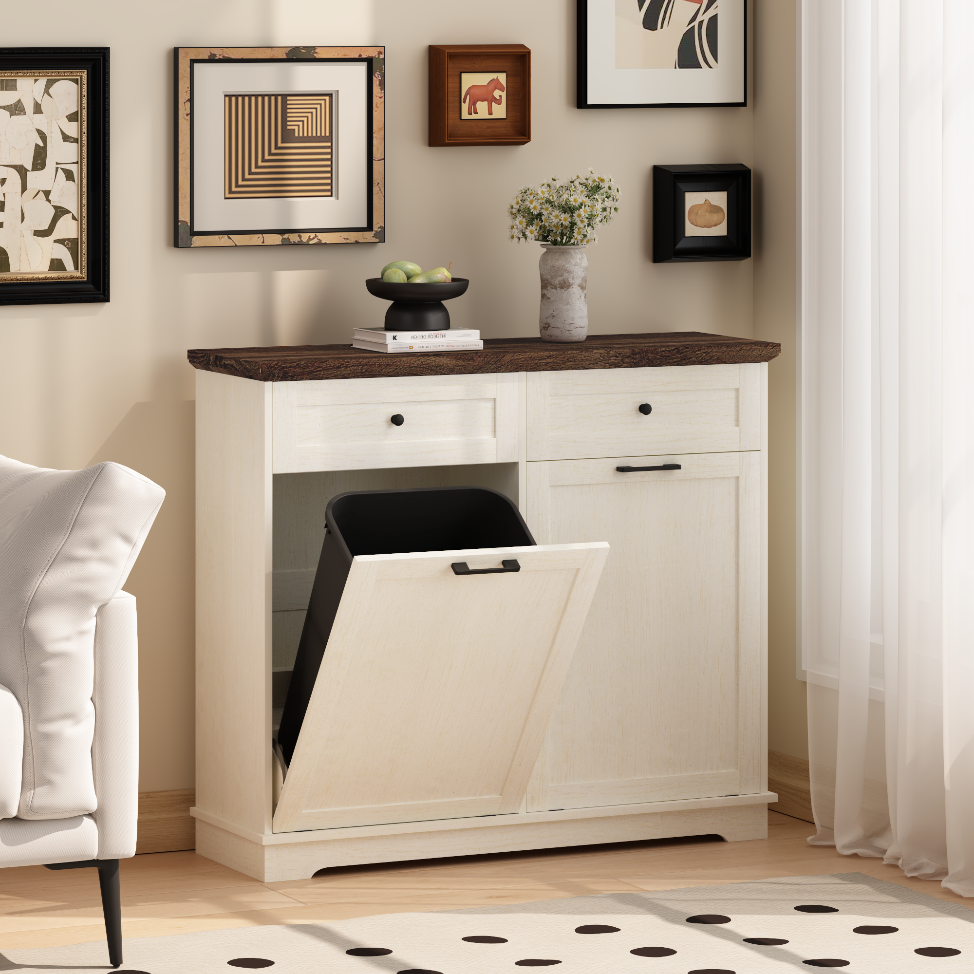 20 Gallon Tilt Out Trash Cabinet Freestanding Trash Bin Cabinet Wood Garbage Recycling Cabinet with Drawer Pet Proof Trash Can Holder for Kitchen Living Room, Antique White (Not include trash can) - Grand Goldman Shop