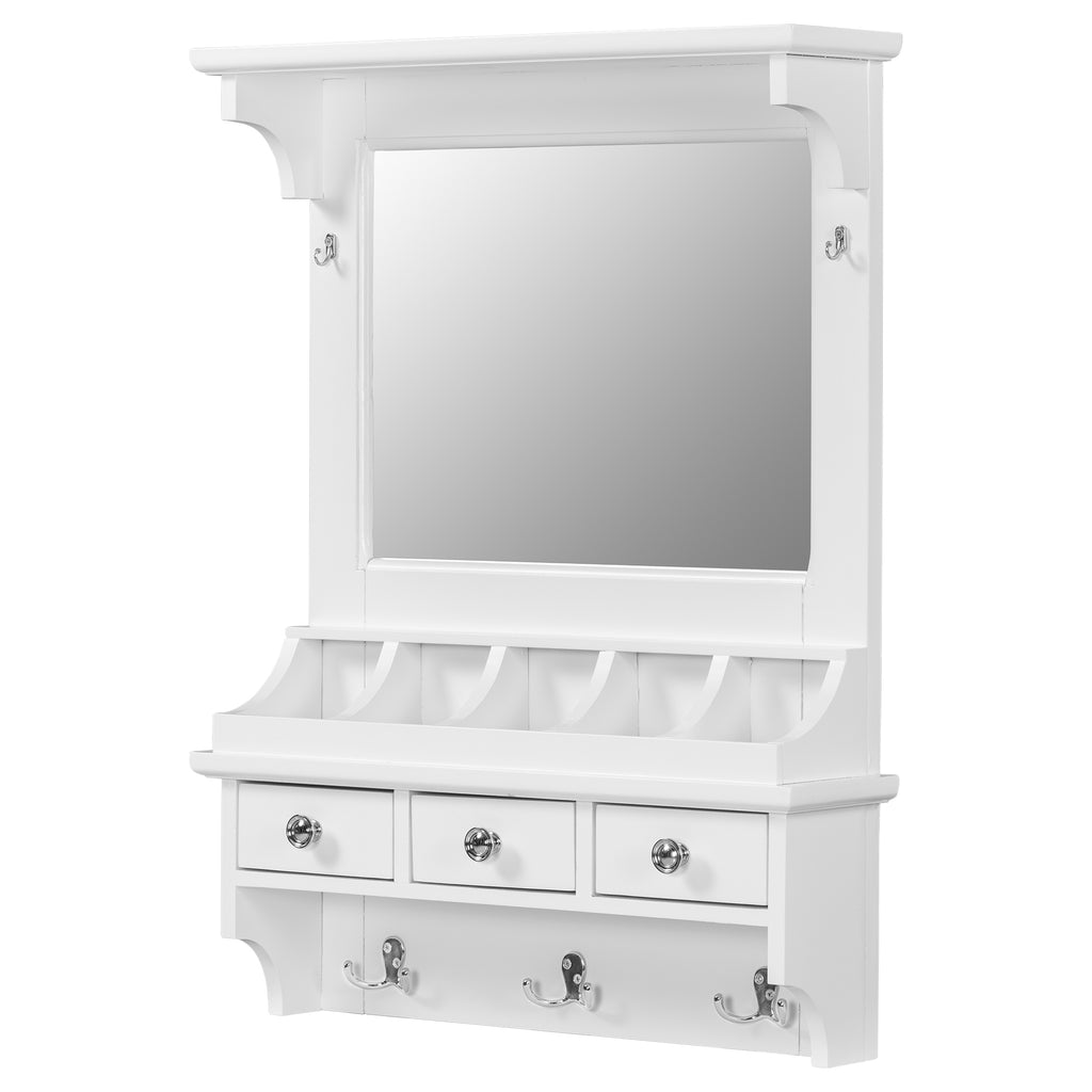 Floating Makeup Vanity with Big Mirror, Wall-Mounted Storage Vanity with Drawers, Pockets & Hooks, Space-Saving Decorative Home Organizer, White, Engineered Wood, 23.8 x 6.1 x 31.8 inches - Grand Goldman Shop