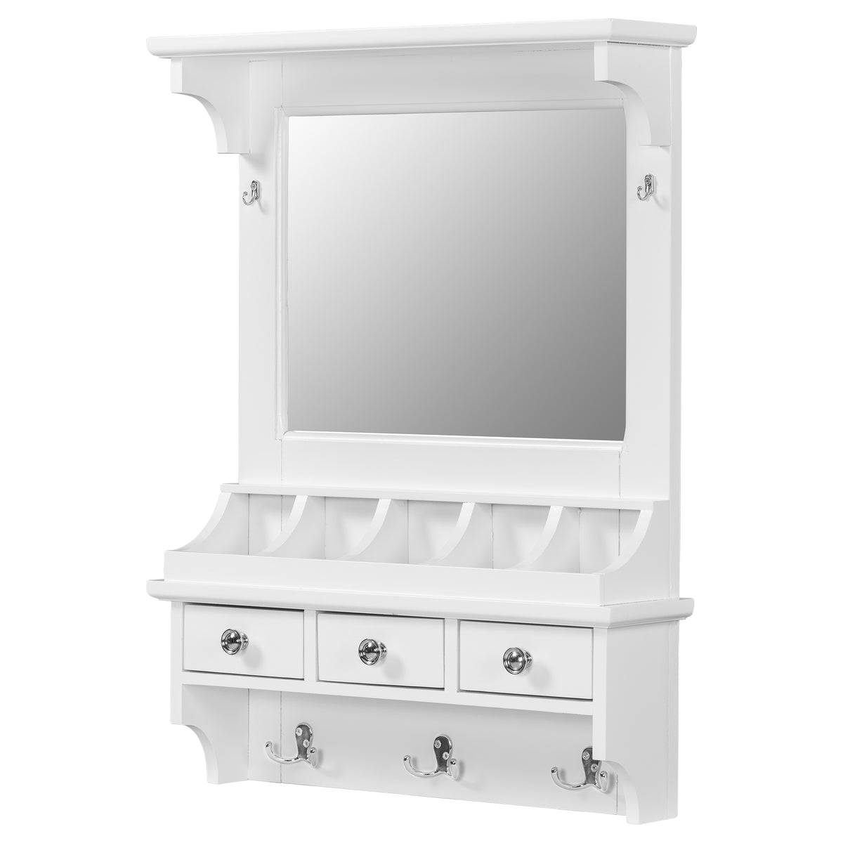 Floating Makeup Vanity with Big Mirror, Wall-Mounted Storage Vanity with Drawers, Pockets & Hooks, Space-Saving Decorative Home Organizer, White, Engineered Wood, 23.8 x 6.1 x 31.8 inches - Grand Goldman Shop