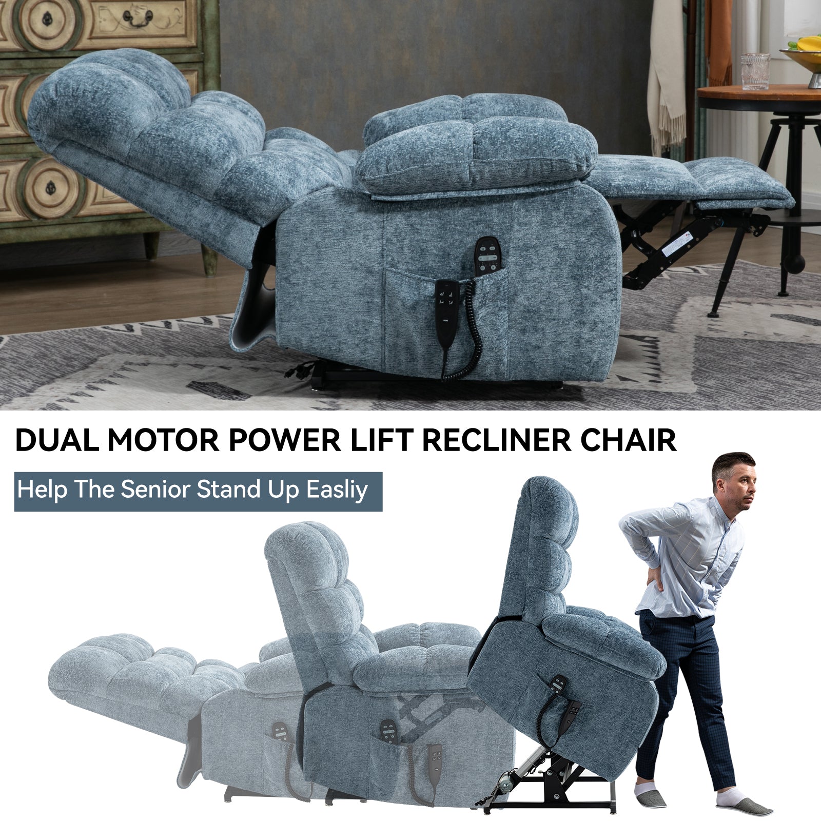 Lift Recliner Chair Heat Massage Dual Motor Infinite Position Up to 350 LBS Large Electric Power Lift Recliners with Power-Remote, Medium-firm and Heavy duty, Blue - Grand Goldman Shop