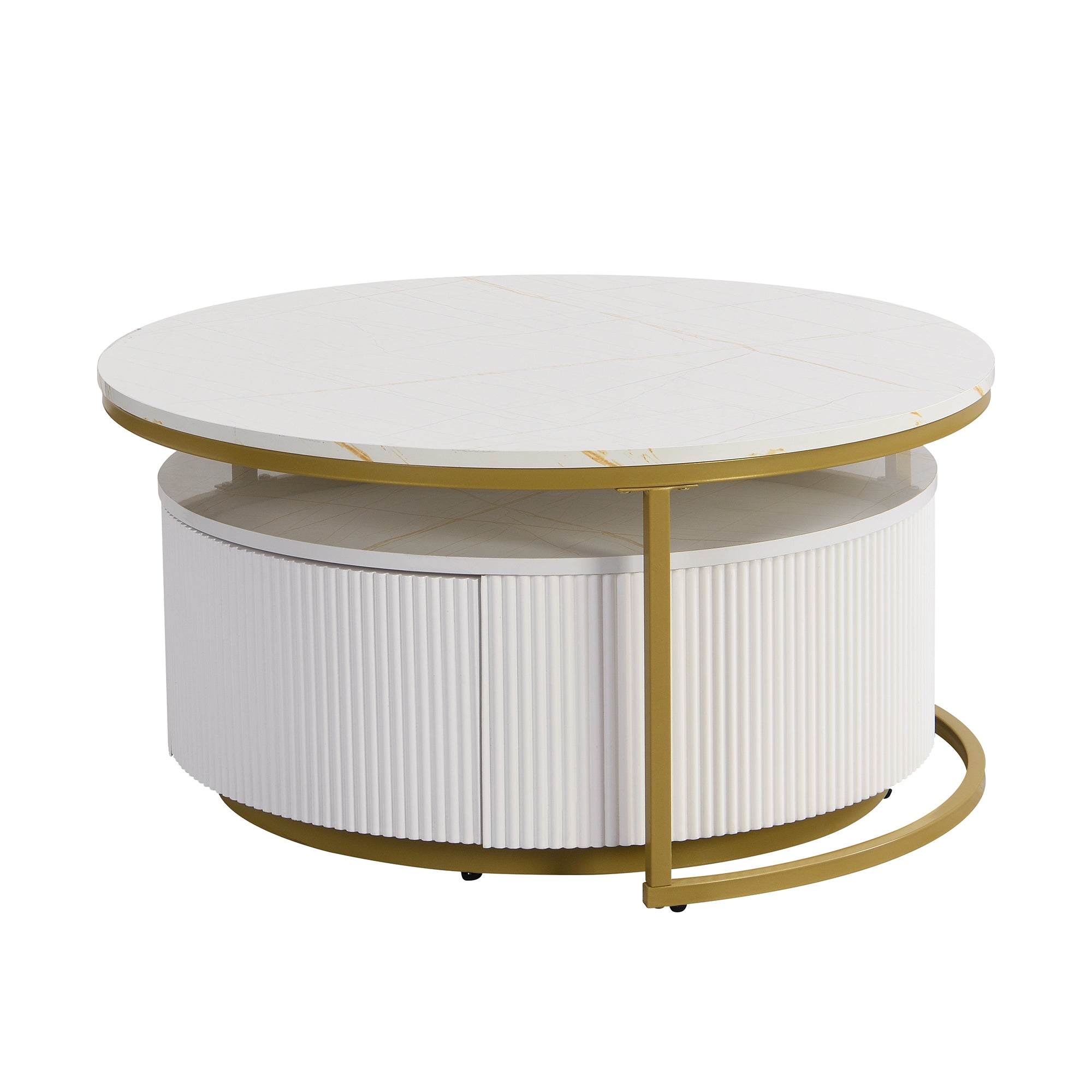 Modern Round Nesting Coffee Table Fluted with Drawer in White & Gold in 31.5'' - Grand Goldman Shop