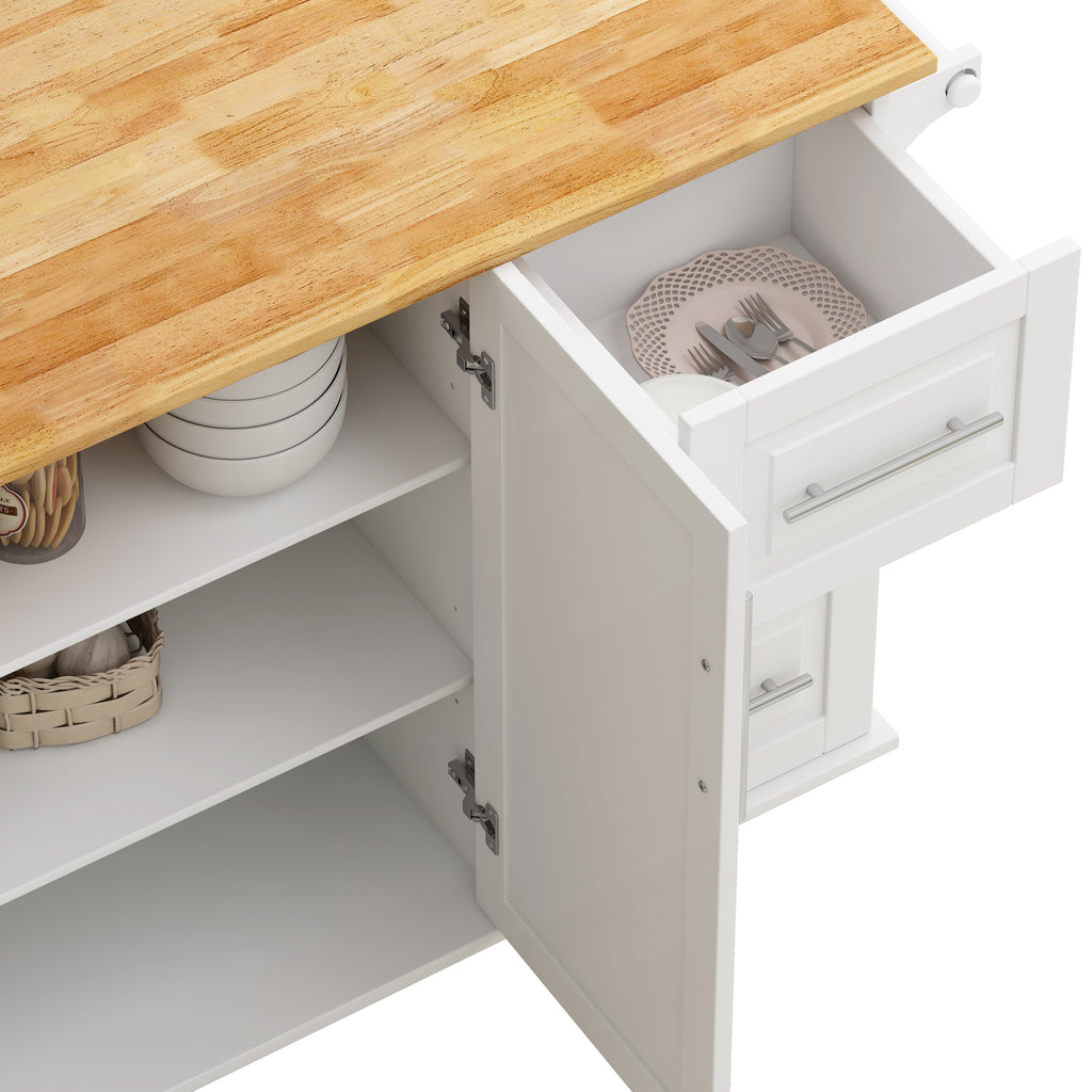 White Kitchen Island Cart with 2 Door Cabinet, 3 Drawers, Spice Rack & Towel Rack, Solid Wood Top, 43.31 Inch Width - Grand Goldman Shop