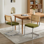 Mid Century Modern Dining Chairs Set of 2, Velvet Accent Chairs with Natural Cane Back & Stainless Chrome Base, Famous Breuer Designed Chairs, Upholstered Rattan Kitchen Chairs,Olive-Green - Grand Goldman Shop