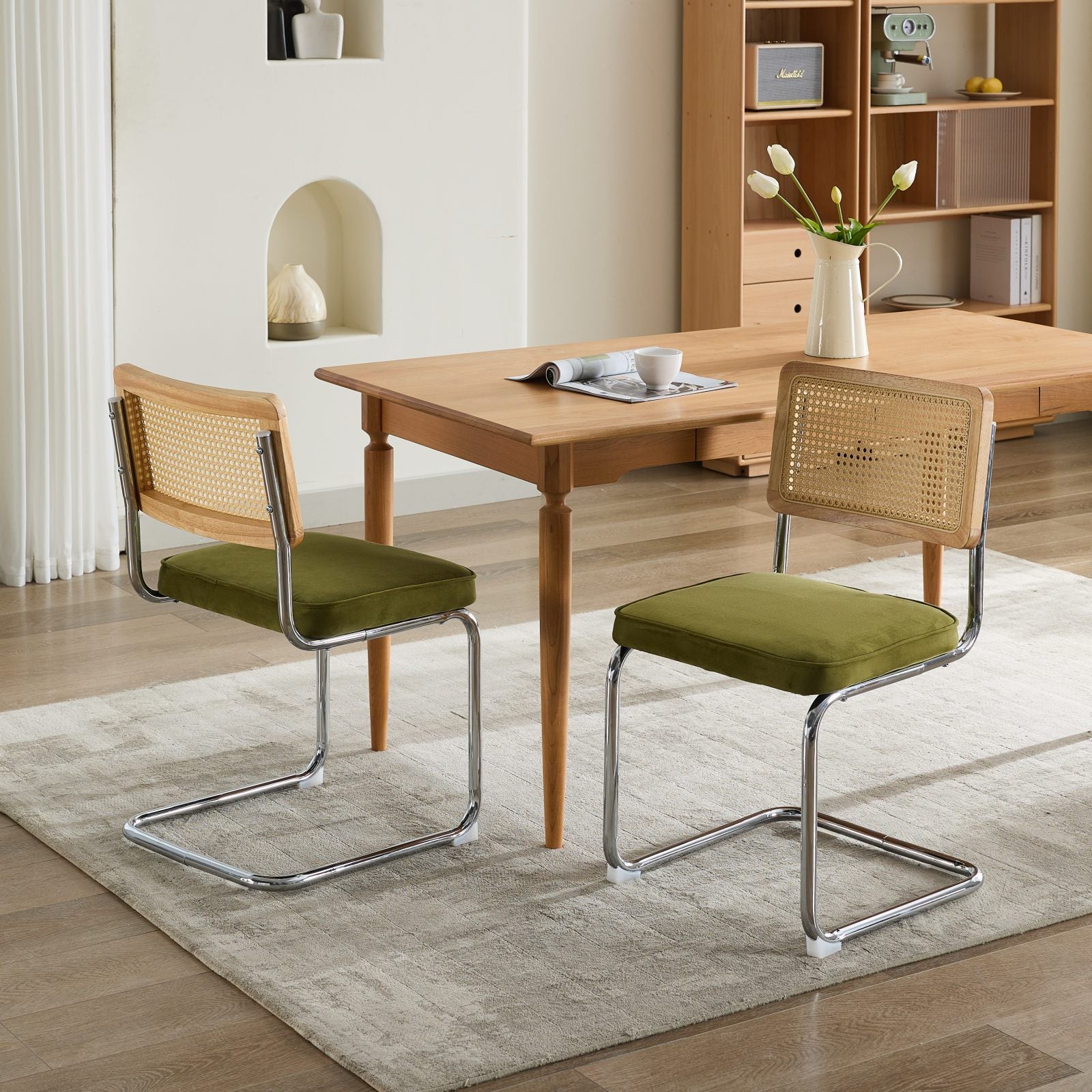 Mid Century Modern Dining Chairs Set of 2, Velvet Accent Chairs with Natural Cane Back & Stainless Chrome Base, Famous Breuer Designed Chairs, Upholstered Rattan Kitchen Chairs,Olive-Green - Grand Goldman Shop