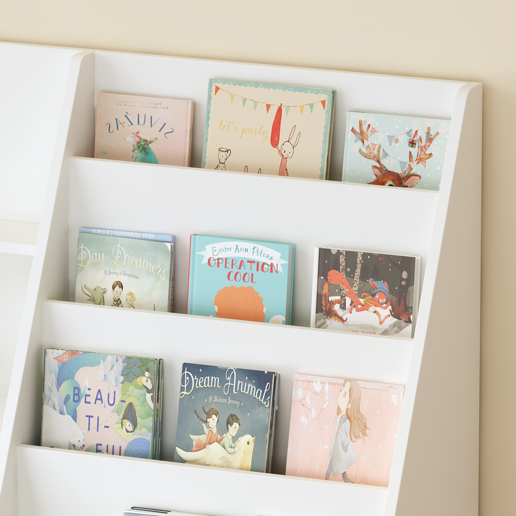 Kids Bookshelf and Toy Storage Organizer, Multifunctional 4-Tier White Wooden Bookcase with Toy Bin for Nursery, Playroom, or