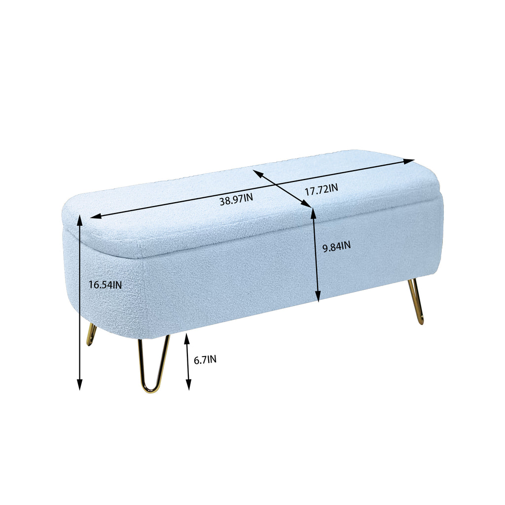 Blue Storage Ottoman Bench for End of Bed Gold Legs, Modern Grey Faux Fur Entryway Bench Upholstered Padded with Storage for Living Room Bedroom - Grand Goldman Shop