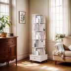 Rotating Bookshelf with Drawer, 360 Display 6 Tier Corner Bookshelf for Small Space, Floor Standing Bookcase Storage Rack, Wood Narrow Organizer for Bedroom, Living Room (WHITE) - Grand Goldman Shop