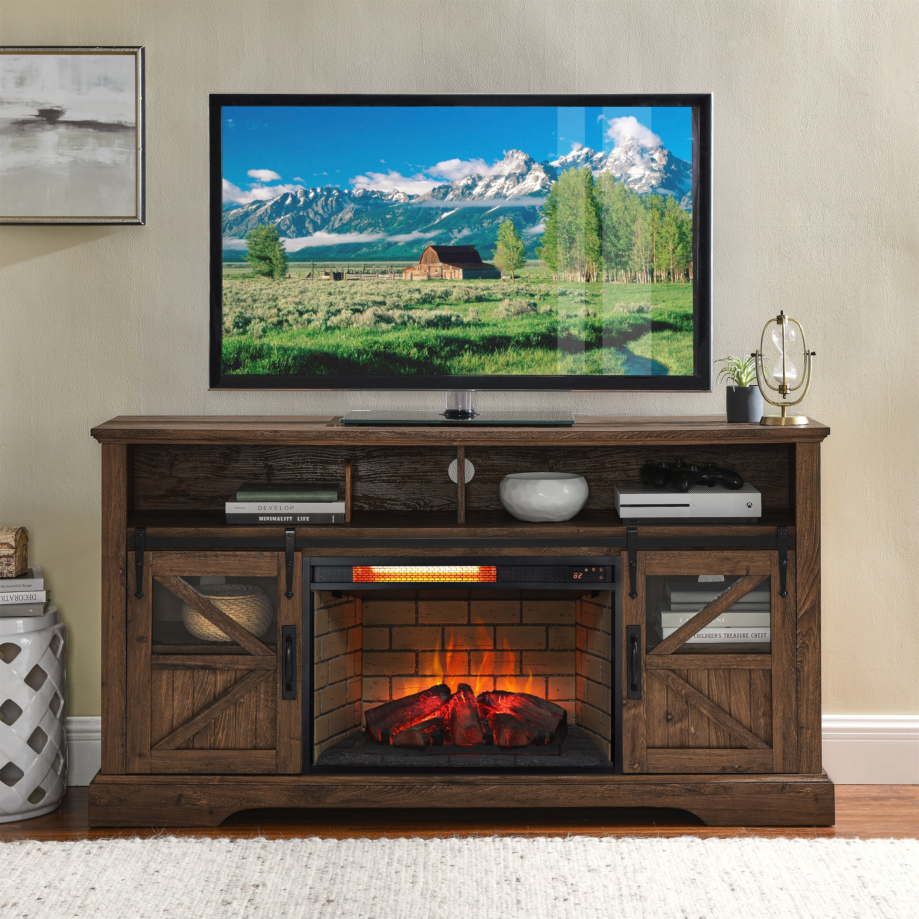 26 Inch Infrared Quartz Heater Fireplace Insert - Woodlog Version with Brick Background, Antique Black, Tempered Glass and Sheet Metal - Grand Goldman Shop
