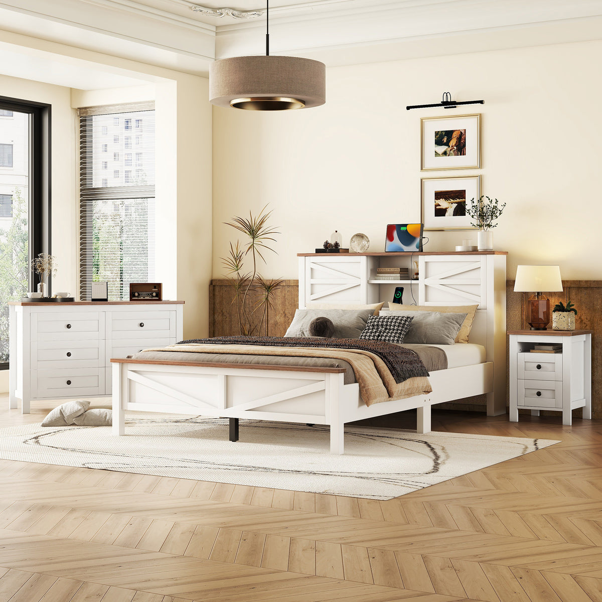 3-Pieces Bedroom Sets Queen Size  Farmhouse Platform Bed with Double Sliding Door Storage Headboard, Storage Nightstand and Dresser, White+Brown(Old SKU HL000092AAK) - Grand Goldman Shop