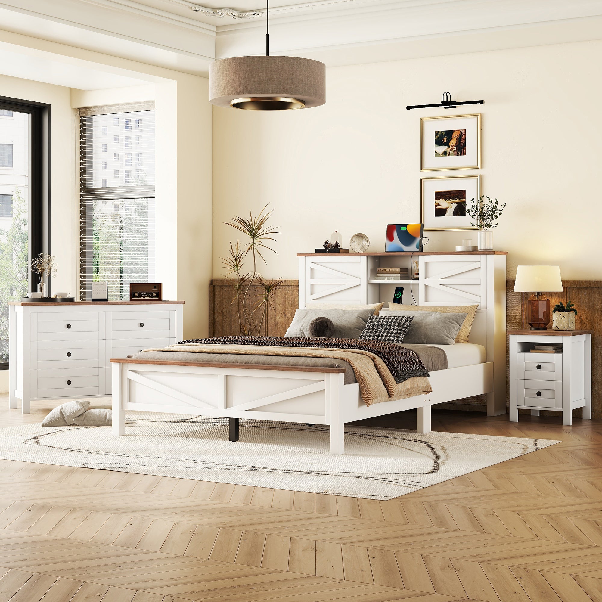 3-Pieces Bedroom Sets Queen Size  Farmhouse Platform Bed with Double Sliding Door Storage Headboard, Storage Nightstand and Dresser, White+Brown(Old SKU HL000092AAK) - Grand Goldman Shop