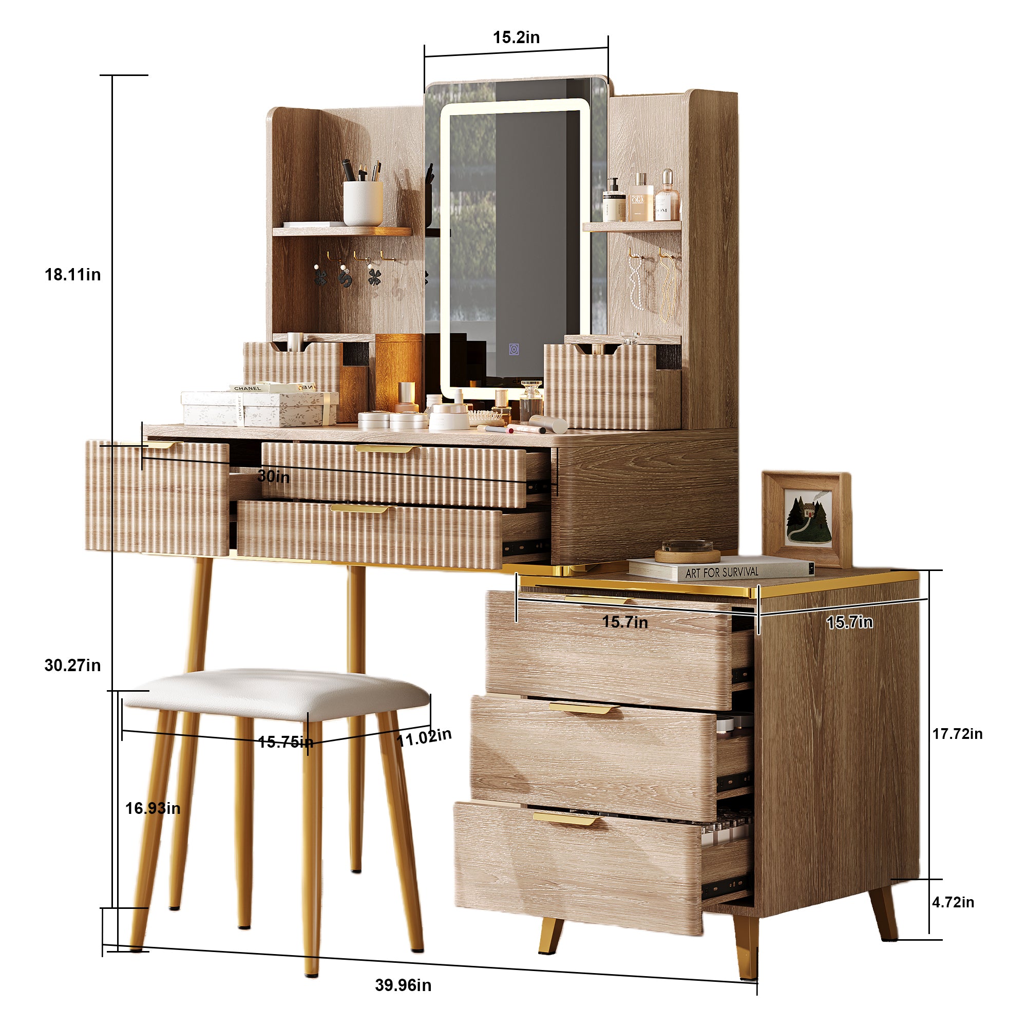 7-Drawer Vanity Desk with LED Mirror & Carved Details, Fluted Makeup Table with Metal Legs and PU Stool, Carved Dressing Table with Jewelry Storage for Bedroom - Grand Goldman Shop