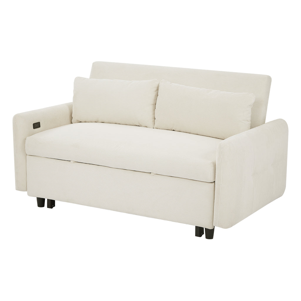 Modern Convertible Pull-out Sofa Bed with USB Ports and Pillows, Beige Corduroy, 57.48 inches - Grand Goldman Shop
