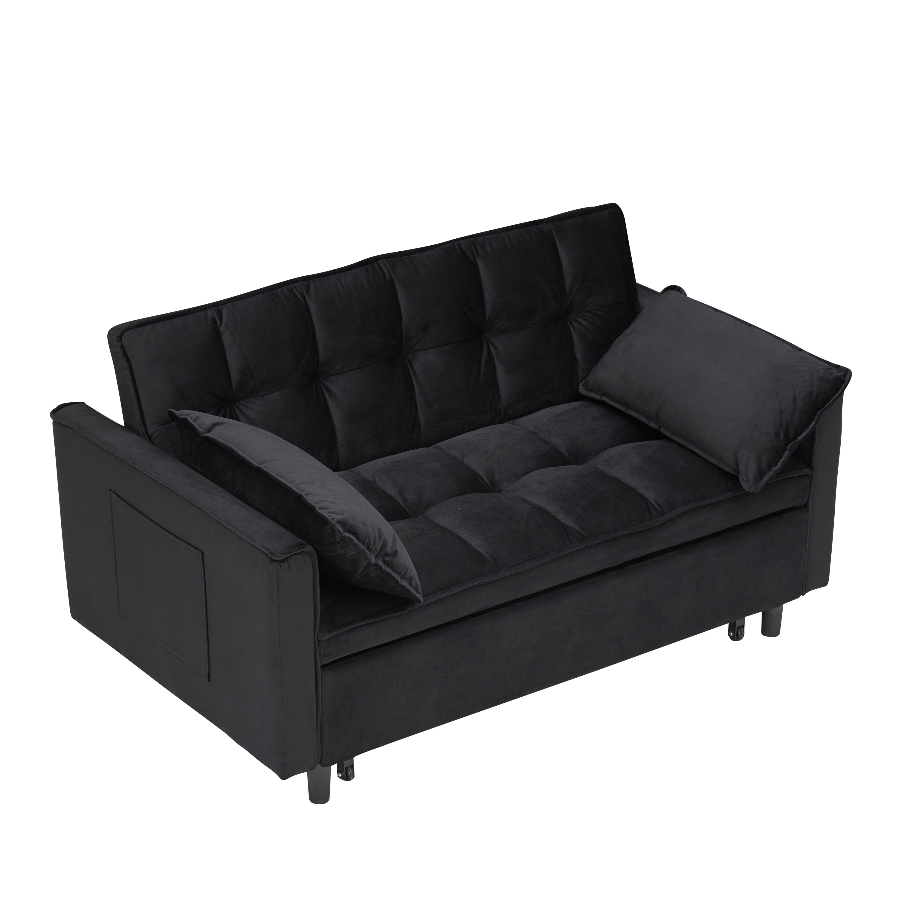 Modern Velvet Sofa Bed, 3-in-1 Convertible Love Seat with Backrest, Pillow, Pockets, Black Velvet, Metal Legs, 55x33x32.28 inches - Grand Goldman Shop