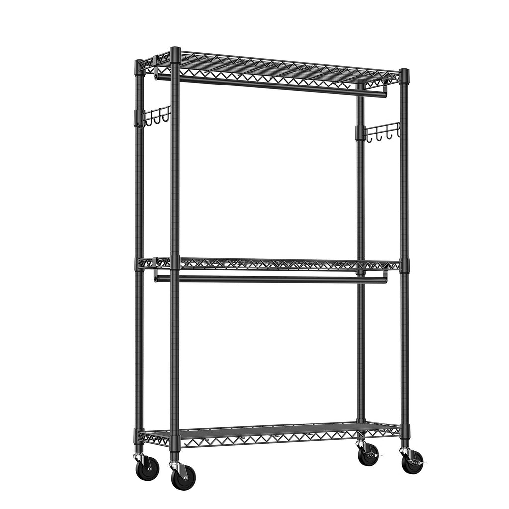 Heavy Duty Rolling Garment Rack 3 Tiers Adjustable Wire Shelving Clothes Rack with 2 Rods and Side Hooks,Storage Closet Clothing Rack with Wheels Black 15.7' D x 45.3' W x 79.6' H - Grand Goldman Shop