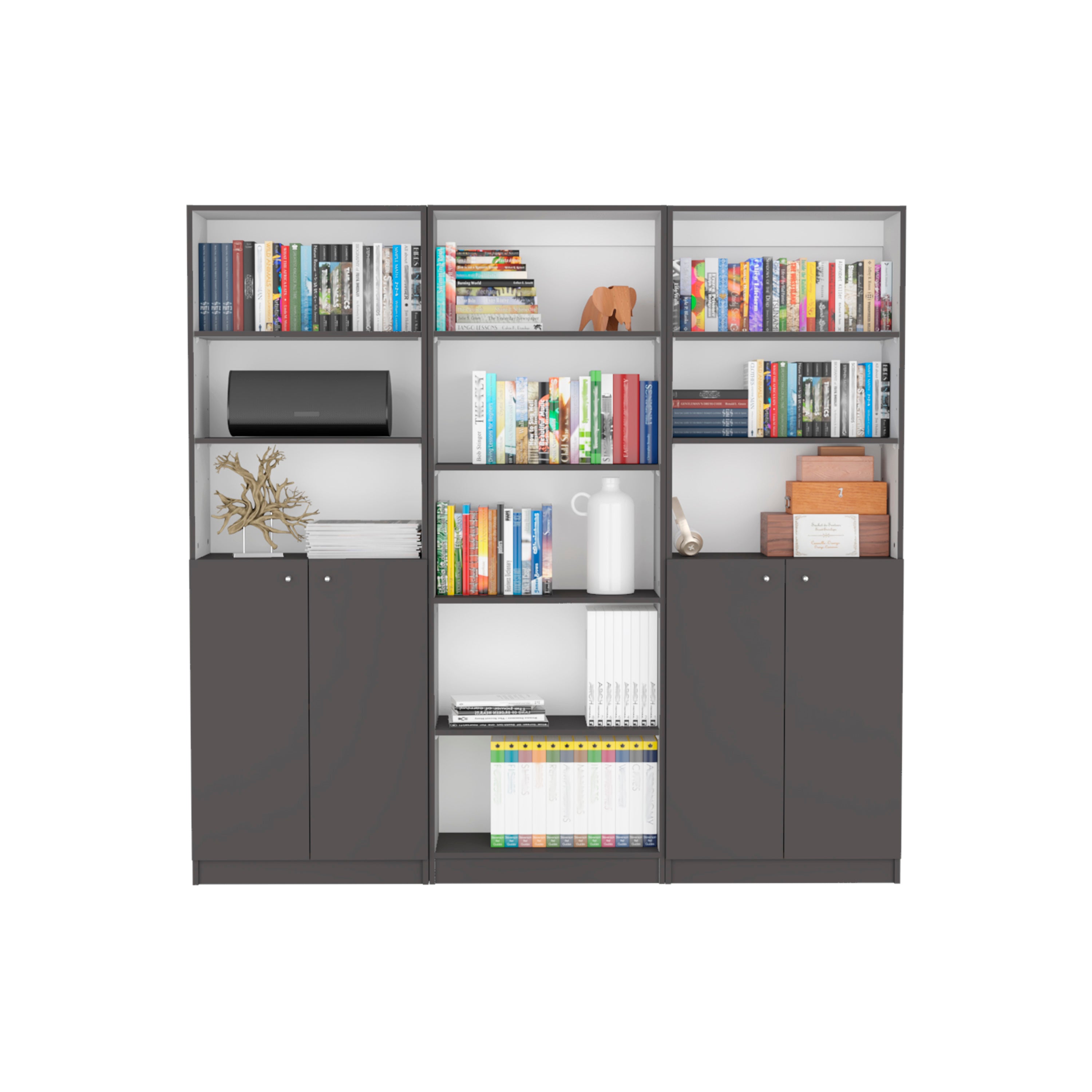 Arbor 3 Piece Home Bookcase set, 74' Wide with 11 Shelves and Two Double-Door Cabinet ,  Living Room Set  Matt Gray / White |