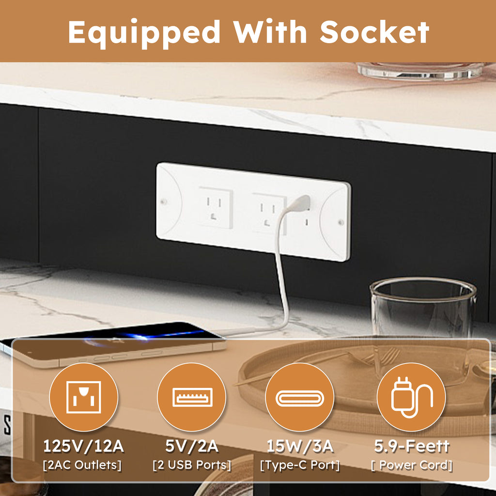 Retro Kitchen Island with Extendable Rotating Table, Black Marble Veneer on MDF, 4 Drawers & Glass Door Cabinets, Built-in Socket, Fits 2-4 People - Grand Goldman Shop