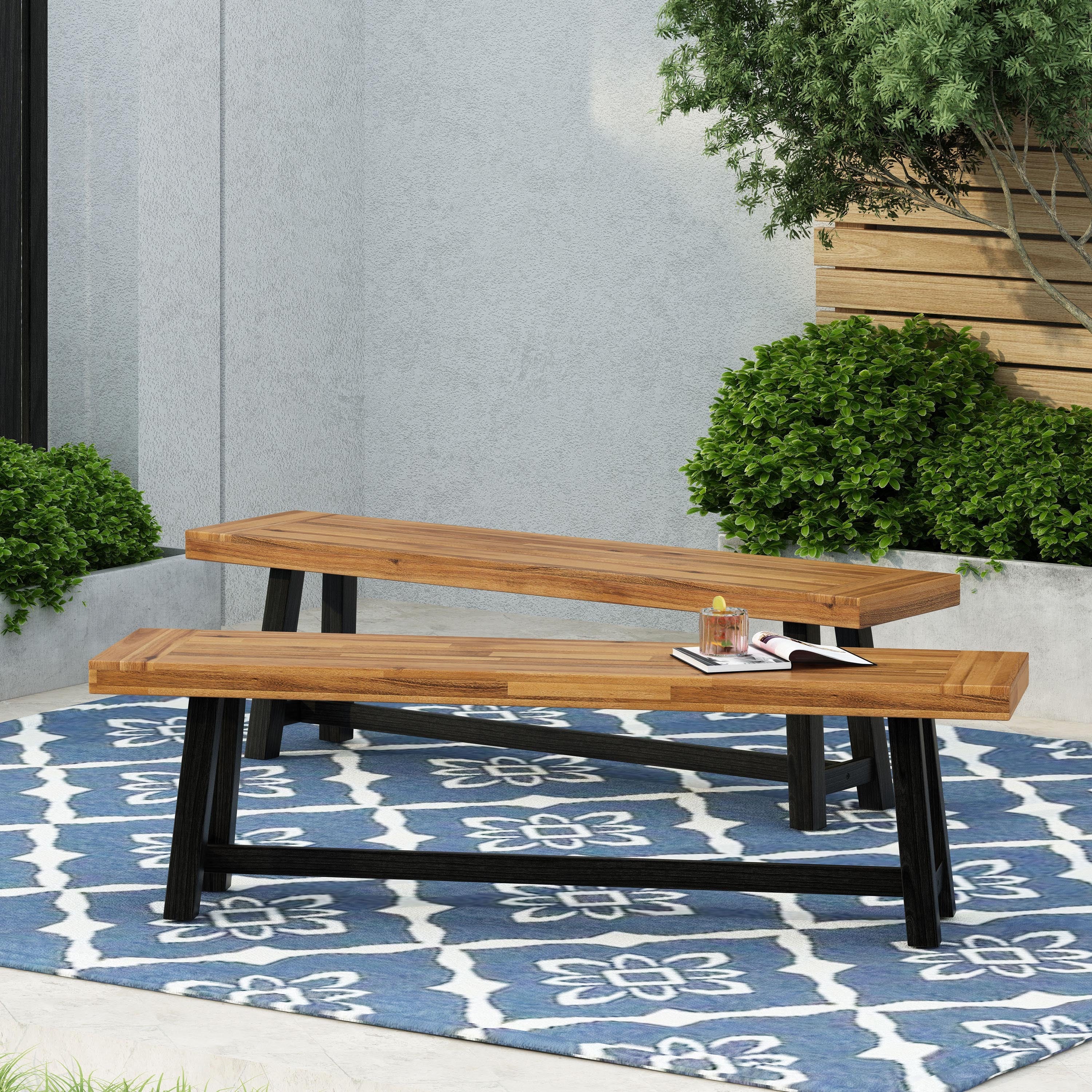 Cloud Outdoor Bench with Acacia Wood Frame and Slat Panel Design, Set of 2,Sandblast Teak Finish and Black - Grand Goldman Shop