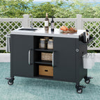 K&K 55.5' Outdoor Kitchen Island with Sink, Metal Grill Cart Table with 304 Stainless Steel Sink, Outdoor Bar Cart Sink Station with 4 Lockable Wheels for Pizza Prep & BBQ, L 55.5' x W 20' H 36.7' - Grand Goldman Shop