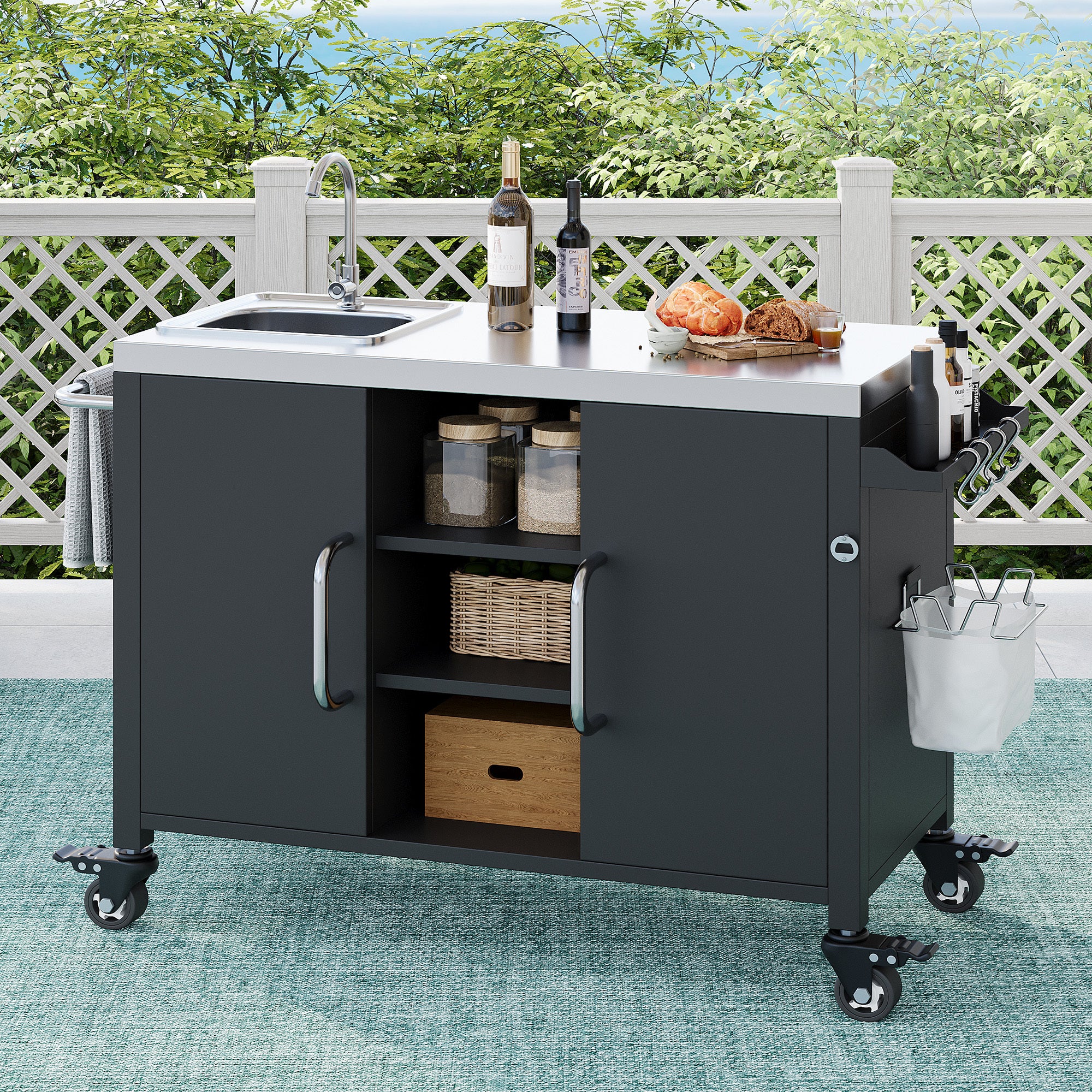 K&K 55.5' Outdoor Kitchen Island with Sink, Metal Grill Cart Table with 304 Stainless Steel Sink, Outdoor Bar Cart Sink Station with 4 Lockable Wheels for Pizza Prep & BBQ, L 55.5' x W 20' H 36.7' - Grand Goldman Shop