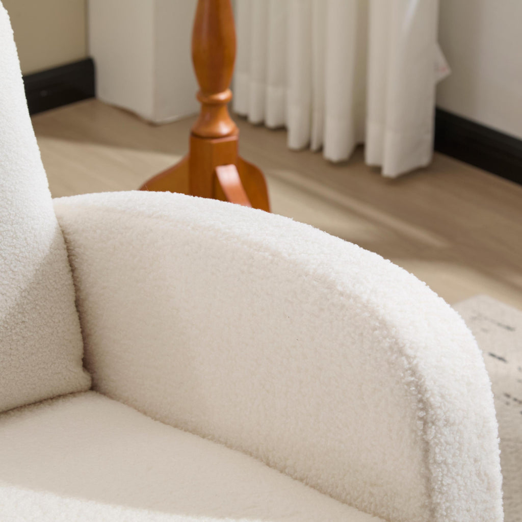 Modern Accent Rocking Chair Rocking Chair with Solid Wood Legs, Upholstered Nursery Glider Rocker, Comfy Armchair with Side Pocket, Living Room Lounge Arm Chair with High Backrest (white,teddy) - Grand Goldman Shop