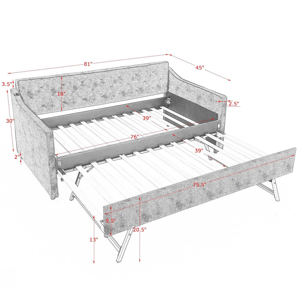 Beige Linen Upholstered Twin Daybed with Pop-up Trundle and USB Charging Armrest - Grand Goldman Shop