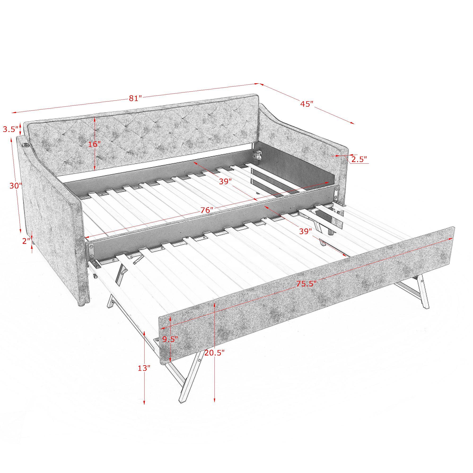 Beige Linen Upholstered Twin Daybed with Pop-up Trundle and USB Charging Armrest - Grand Goldman Shop