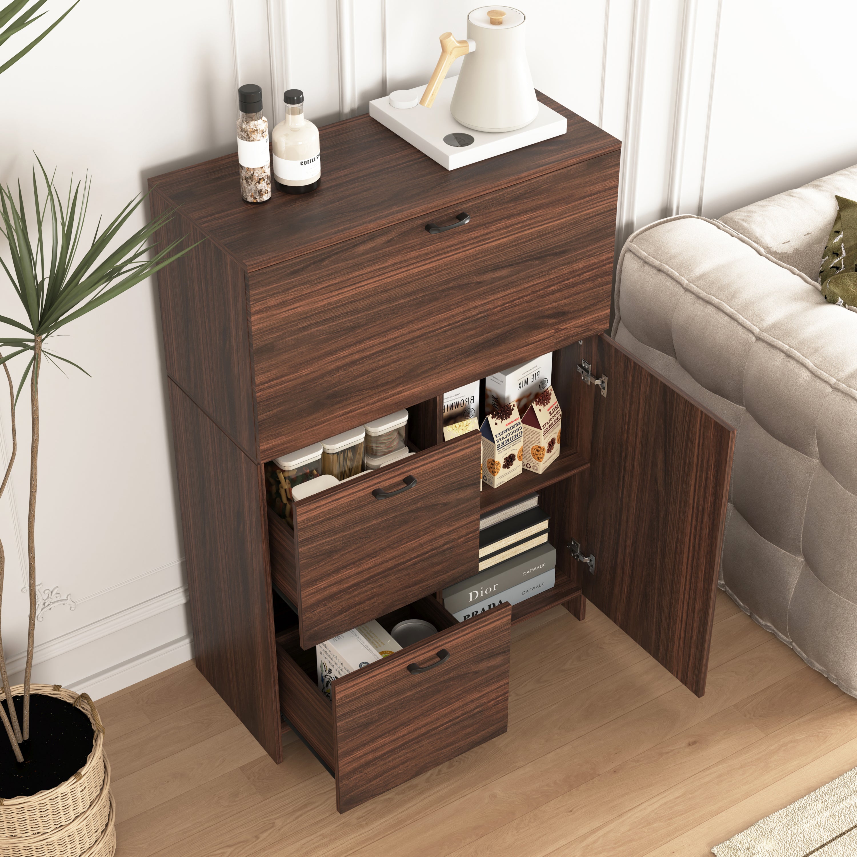 Desk Cabinet, with Storage Drawer & Shelves, Fold-up Desktop, Ideal for Home, Office, Kitchen storage organizer, Dormitory, Small Spaces W31.49'xD13.78'xH47.2' - Grand Goldman Shop