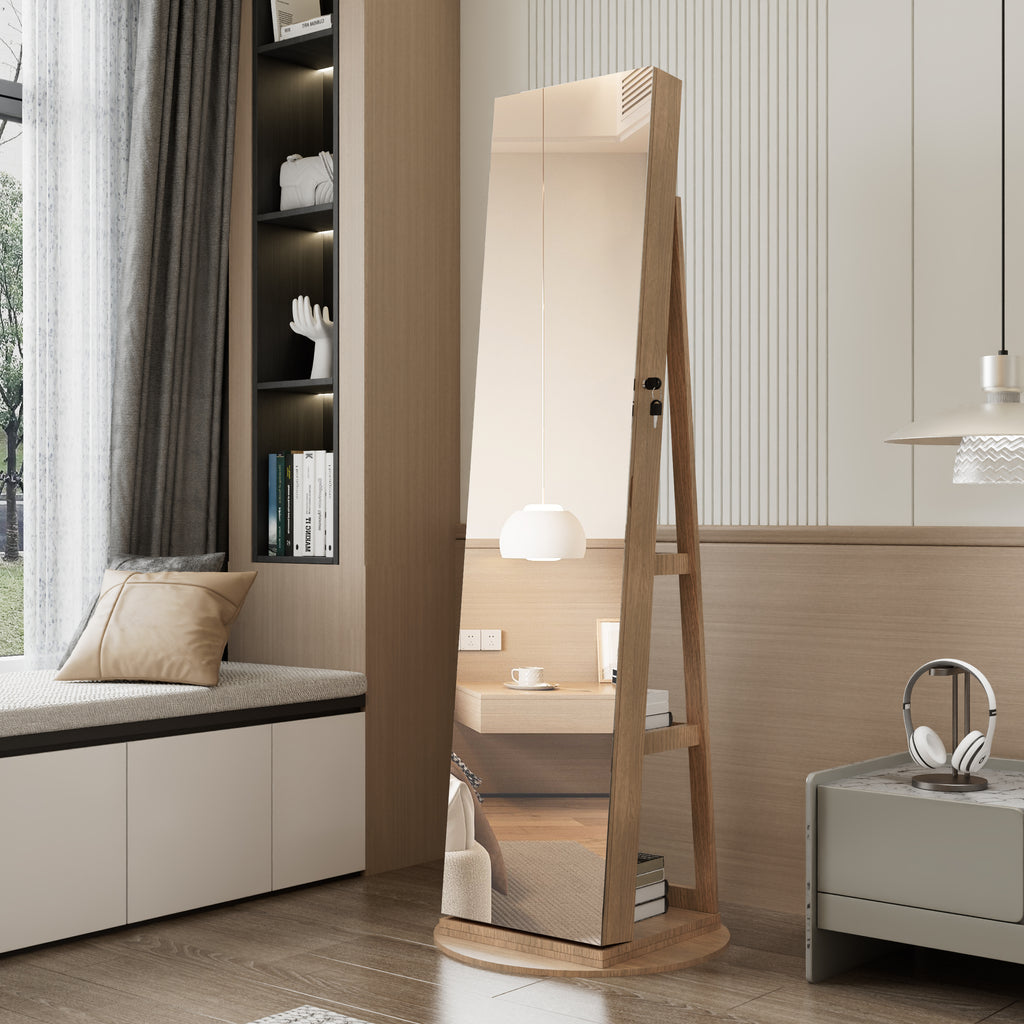 360°Swivel Jewelry Cabinet with Full Length Mirror, 360°Rotating Standing Jewelry Armoire Organizer , Lockable Storage Cabinet, Interior Lighted Mirror, Light Walnut - Grand Goldman Shop