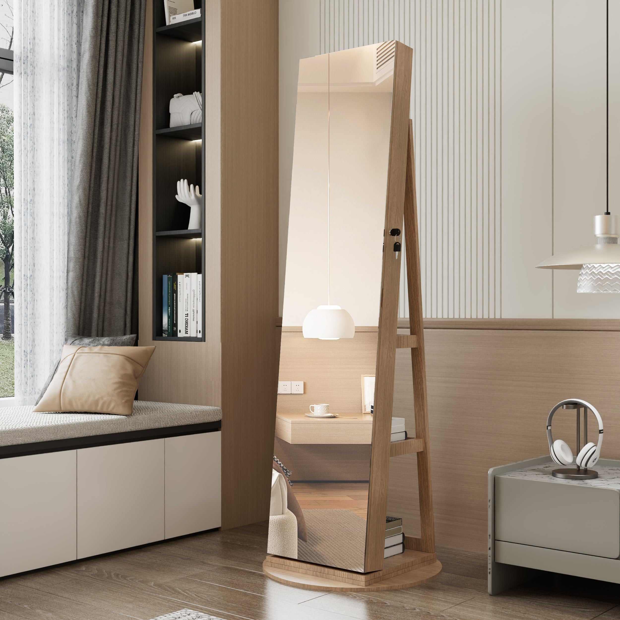 360°Swivel Jewelry Cabinet with Full Length Mirror, 360°Rotating Standing Jewelry Armoire Organizer , Lockable Storage Cabinet, Interior Lighted Mirror, Light Walnut - Grand Goldman Shop