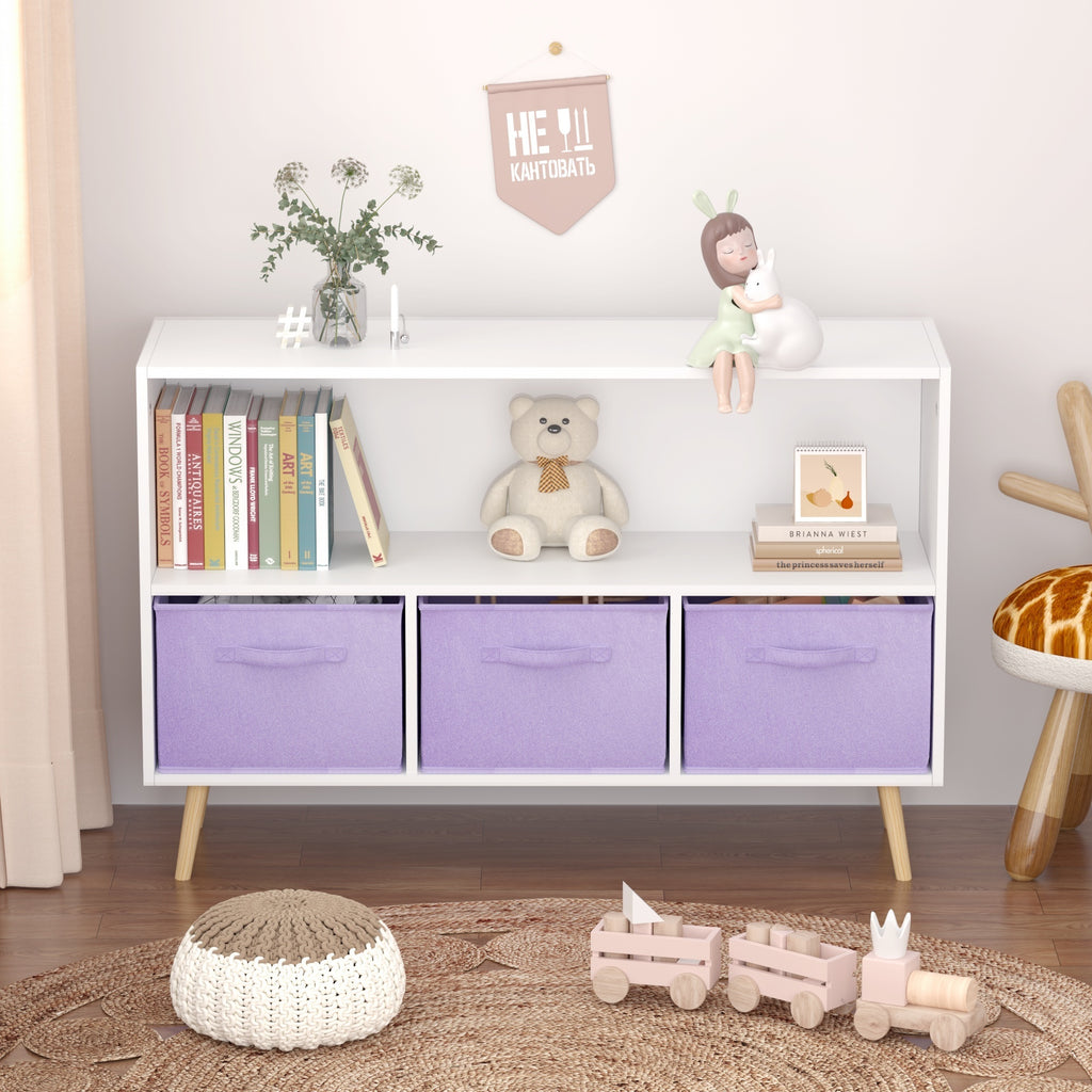 Kids Bookcase with Collapsible Fabric Drawers, Children's Book Display Organizer in White and Purple, MDF with Pine Legs | Pr