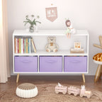 Kids Bookcase with Collapsible Fabric Drawers, Children's Book Display Organizer in White and Purple, MDF with Pine Legs | Pr