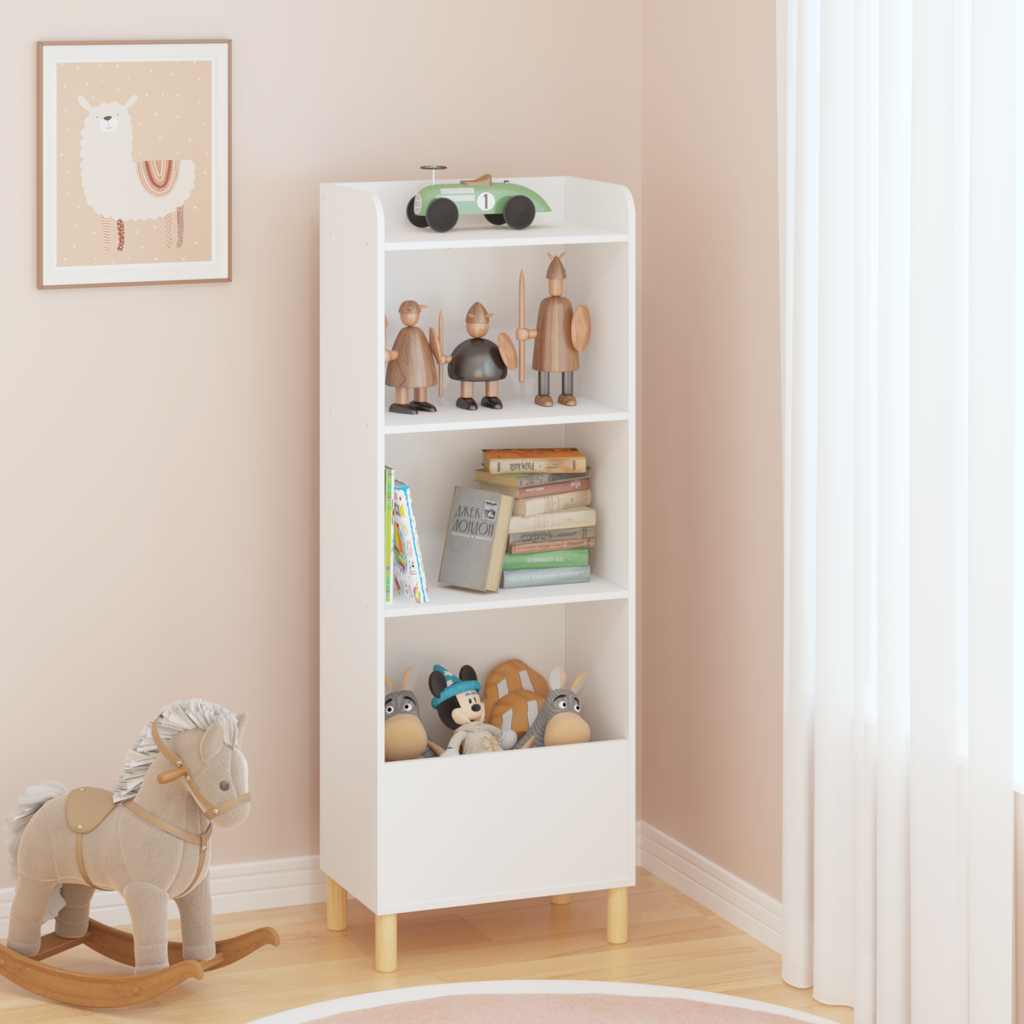 Kids 4-Tier Bookcase, Children's Book Display with Safety Restraint, White MDF & Pine Wood Storage Cabinet for Nursery, Playr