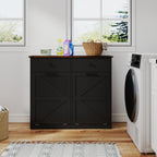Farmhouse Black Double Tilt Out Trash Cabinet with Hideaway Drawer and Barn Door Style, Engineered Wood, 39.3''×13''×34.45'' - Grand Goldman Shop