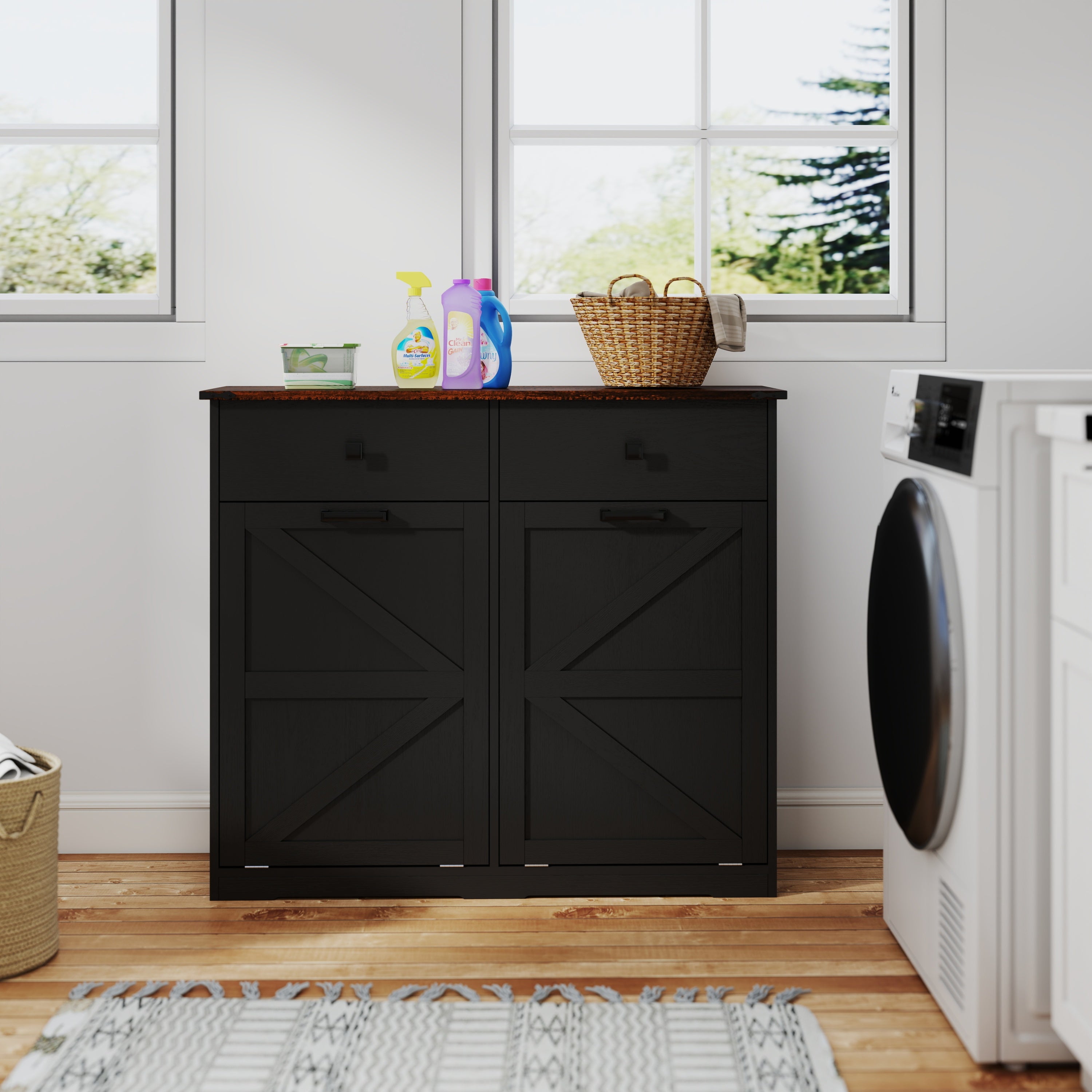 Farmhouse Black Double Tilt Out Trash Cabinet with Hideaway Drawer and Barn Door Style, Engineered Wood, 39.3''×13''×34.45'' - Grand Goldman Shop