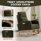 Modern Accent Rocking Chair Rocking Chair with Solid Wood Legs, Upholstered Nursery Glider Rocker, Comfy Armchair with Side Pocket, Living Room Lounge Arm Chair with High Backrest (green,teddy) - Grand Goldman Shop