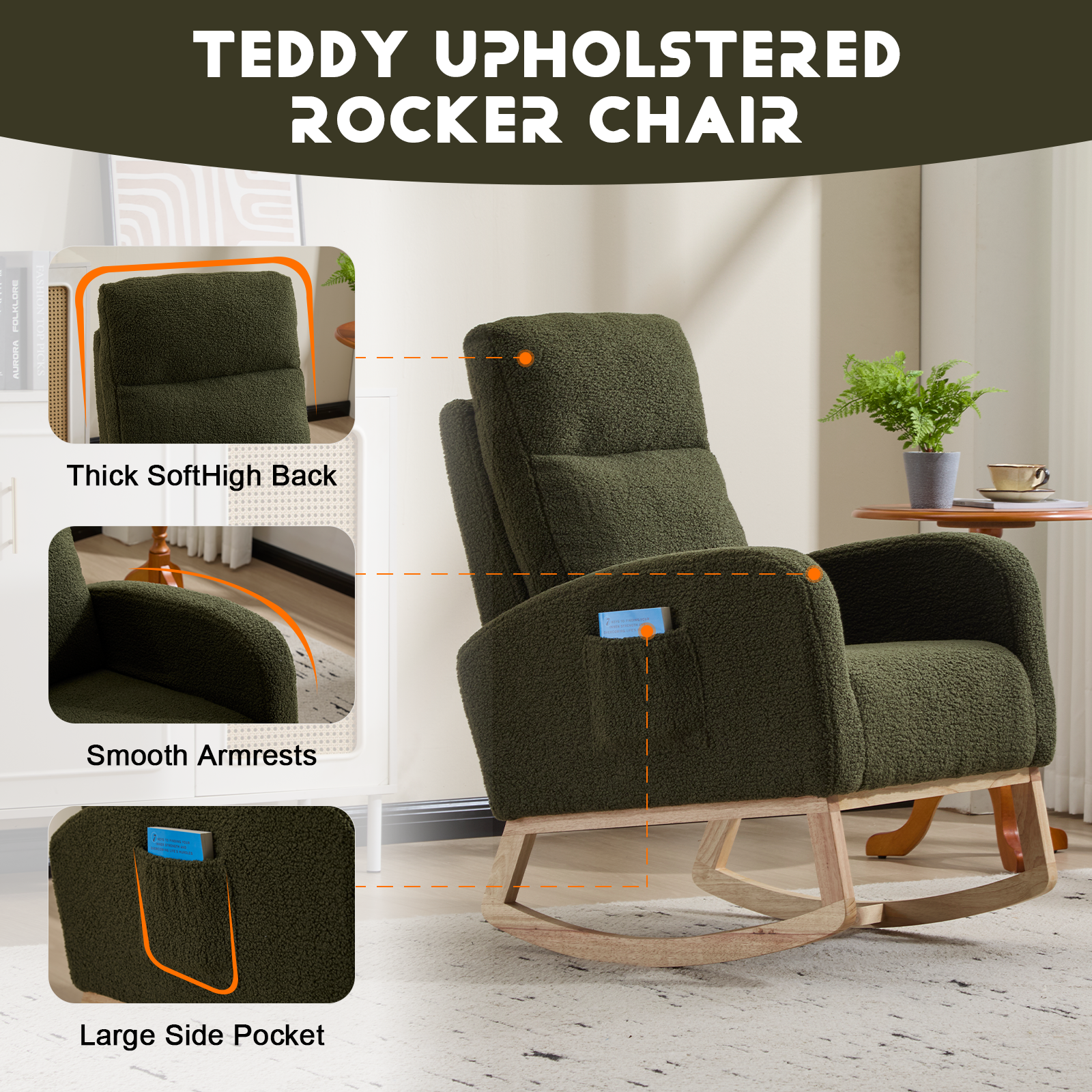 Modern Accent Rocking Chair Rocking Chair with Solid Wood Legs, Upholstered Nursery Glider Rocker, Comfy Armchair with Side Pocket, Living Room Lounge Arm Chair with High Backrest (green,teddy) - Grand Goldman Shop