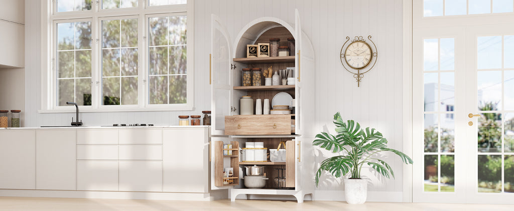K&K 71' Tall Arched Kitchen Pantry Cabinet with Door Shelves, Farmhouse Kitchen Storage Cabinet with Open & Adjustable Shelves, Hidden Drawer & Glass Door, Cupboard for Kitchen, Dining Room, White - Grand Goldman Shop
